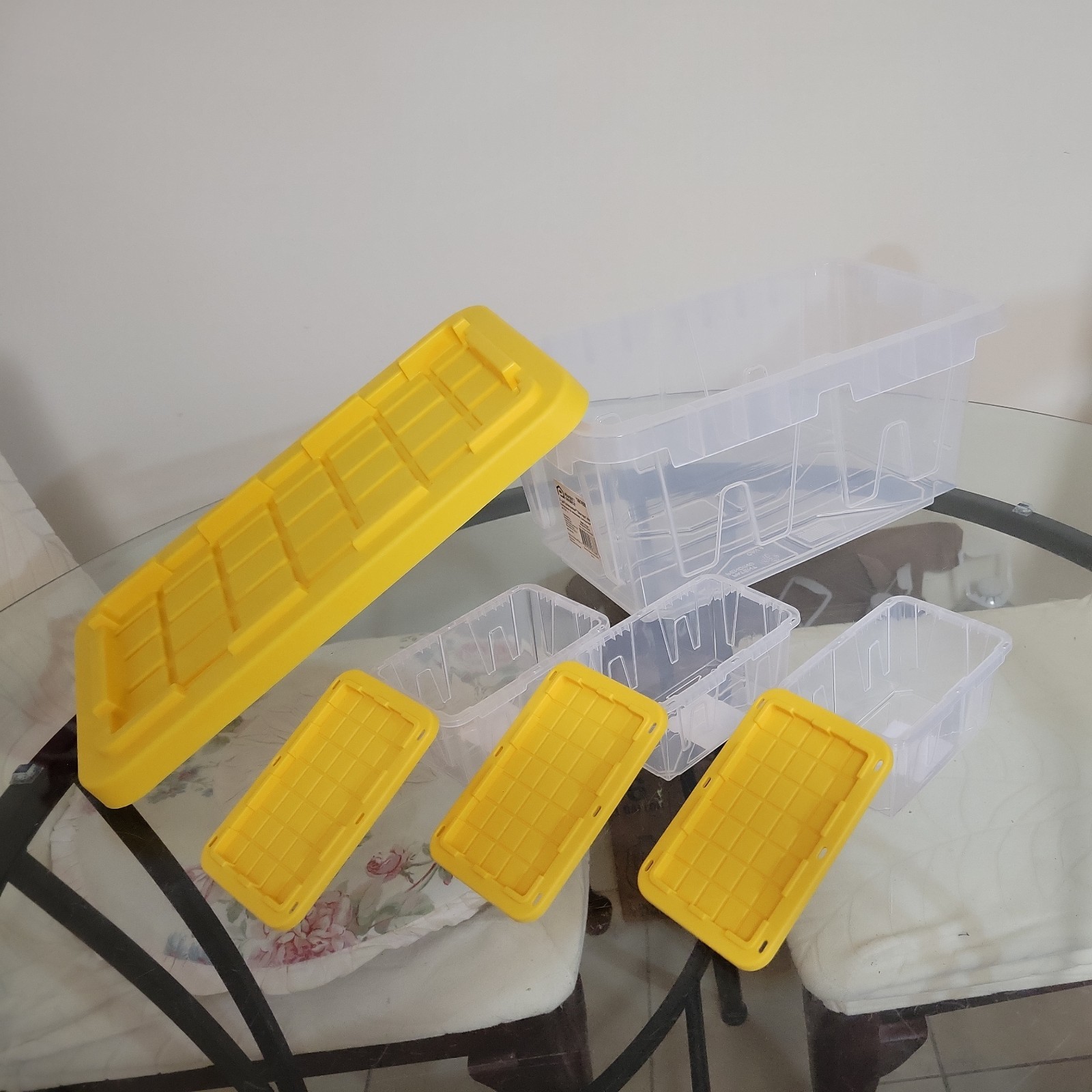 4 boxes (three Teeny MINI Clear Stackable Tote 0.38QRT & one 2 gal storage tote