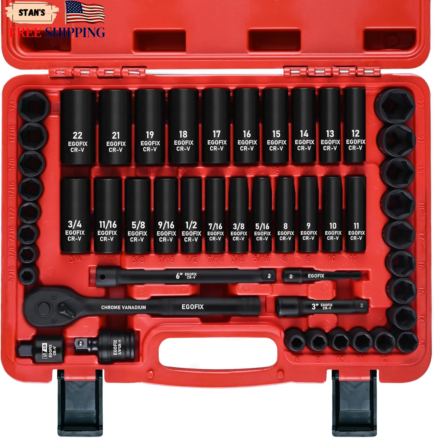 3/8 In. 50 Piece 6 Point Impact Socket Ratchet Drive and Metric Set NEW