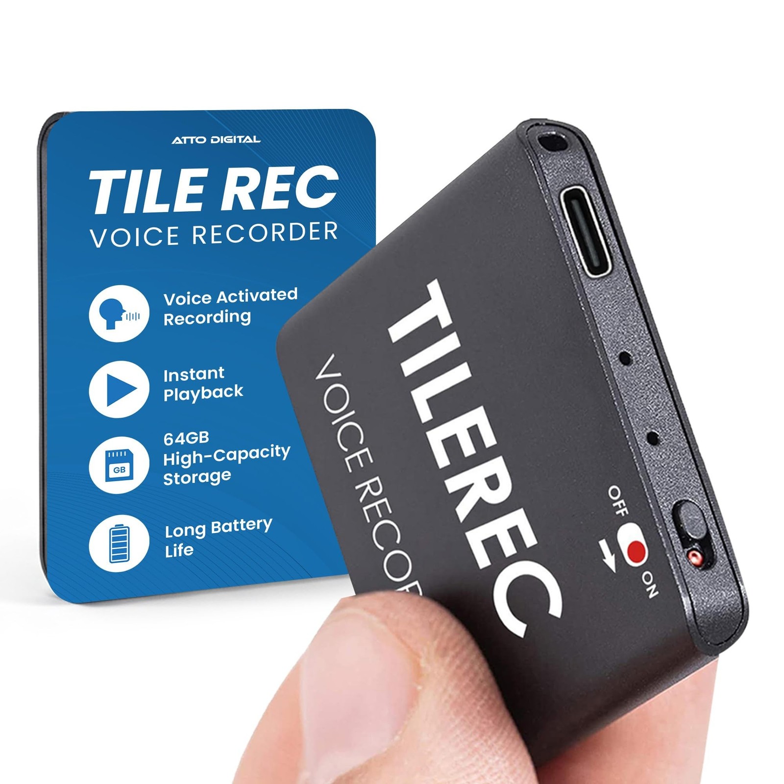 TileRec Voice-Activated Audio Recorder – 64GB Digital Dictaphone with Play