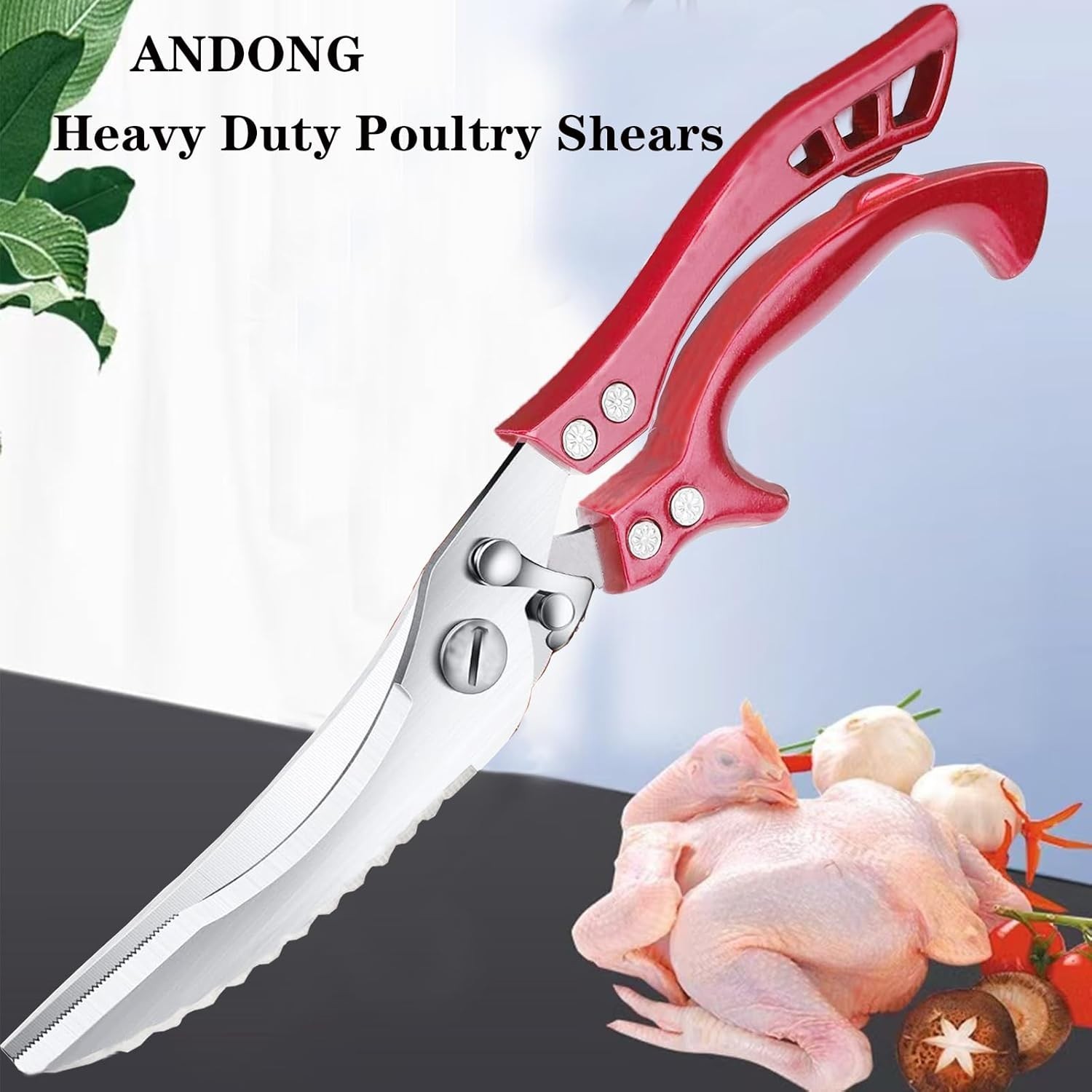 Versatile Heavy-Duty Kitchen Scissors - Non-Slip Red Handles & Leather Sheath