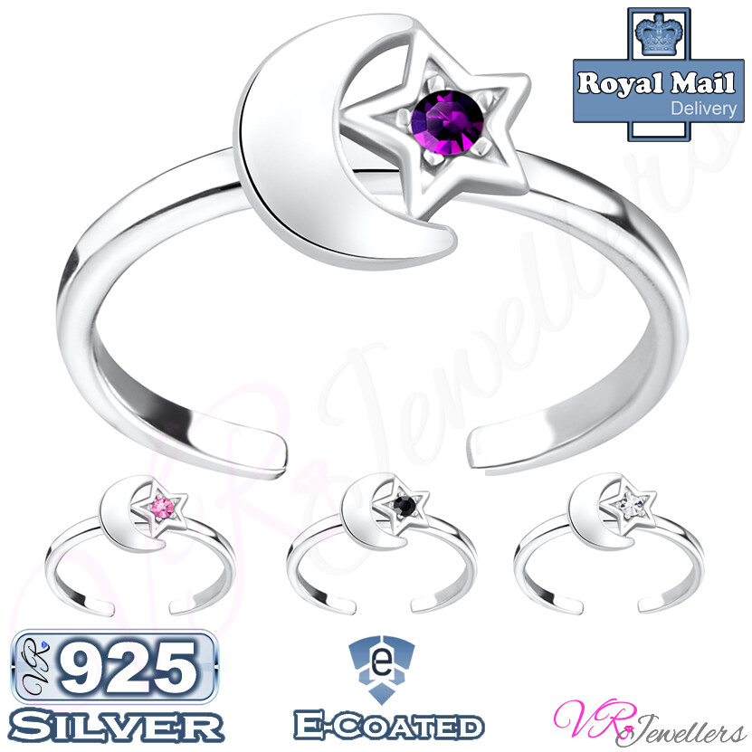 925 Crystal Toe Ring Solid Sterling Silver Women Crescent Moon Star Adjustable