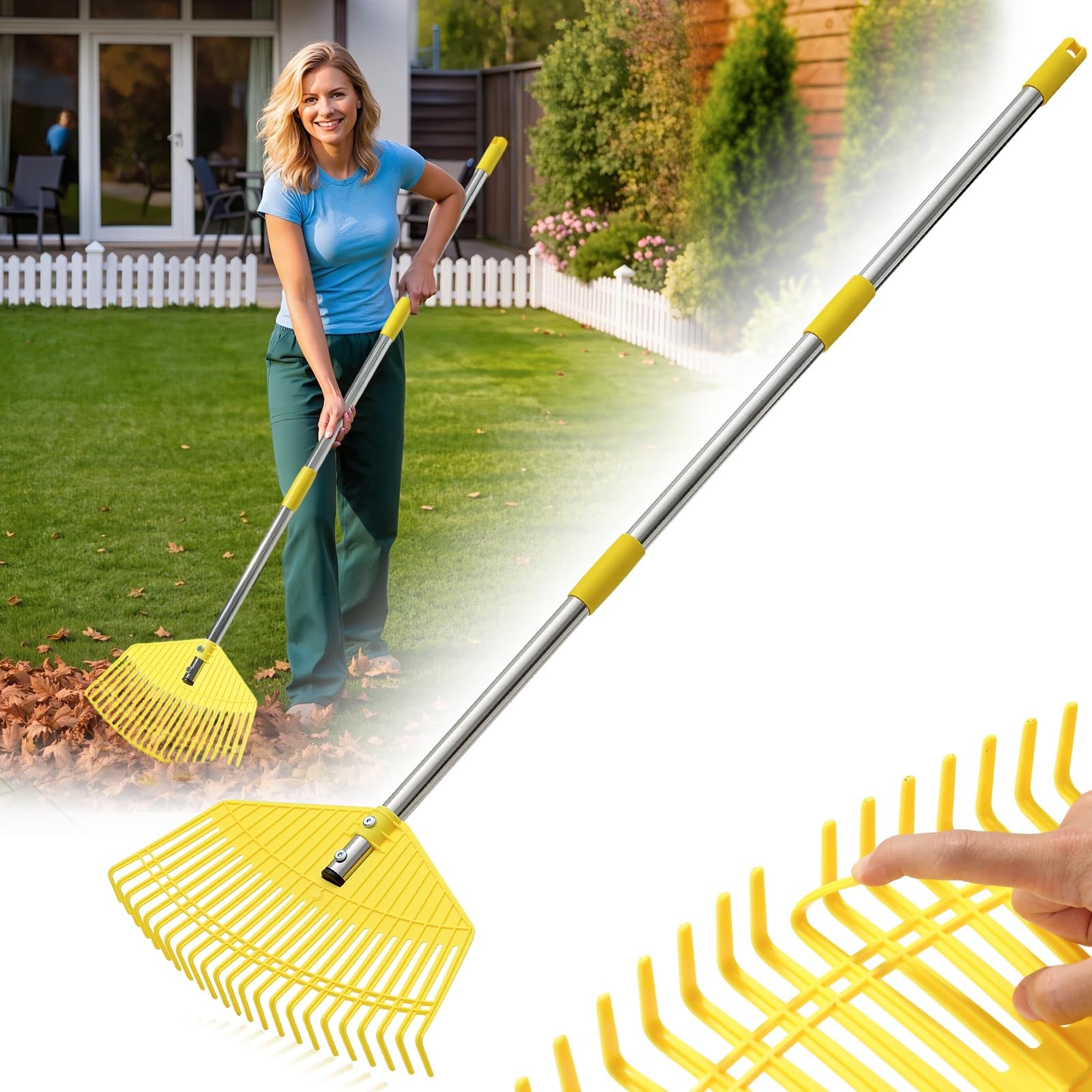Leaf Rake - 16.5" Wide Nylon Plastic Head,65" Adjustable Handle,Heavy Silver