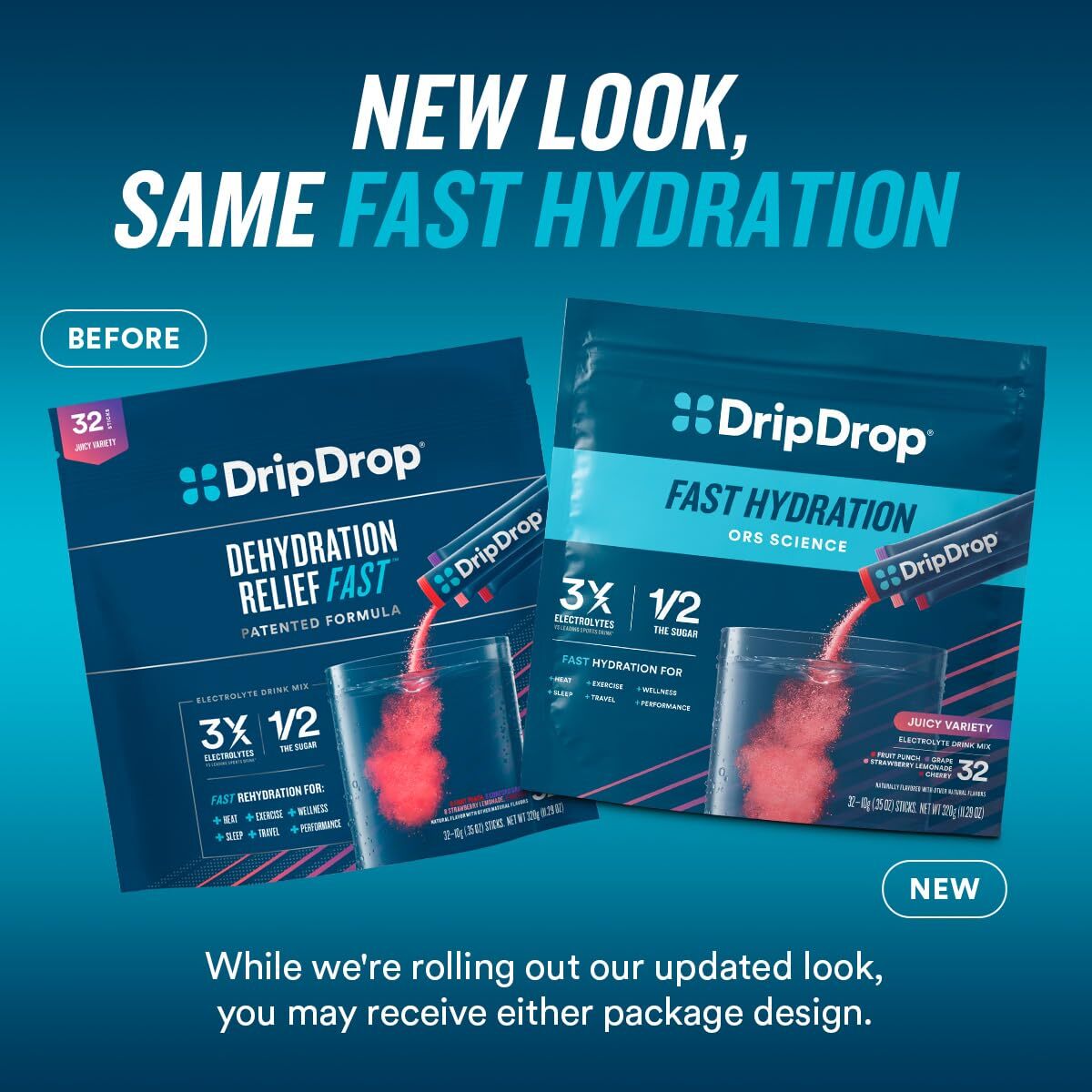 DripDrop Electrolyte Powder 16 Pack Travel Hydration Drink Mix 3X Electrolytes