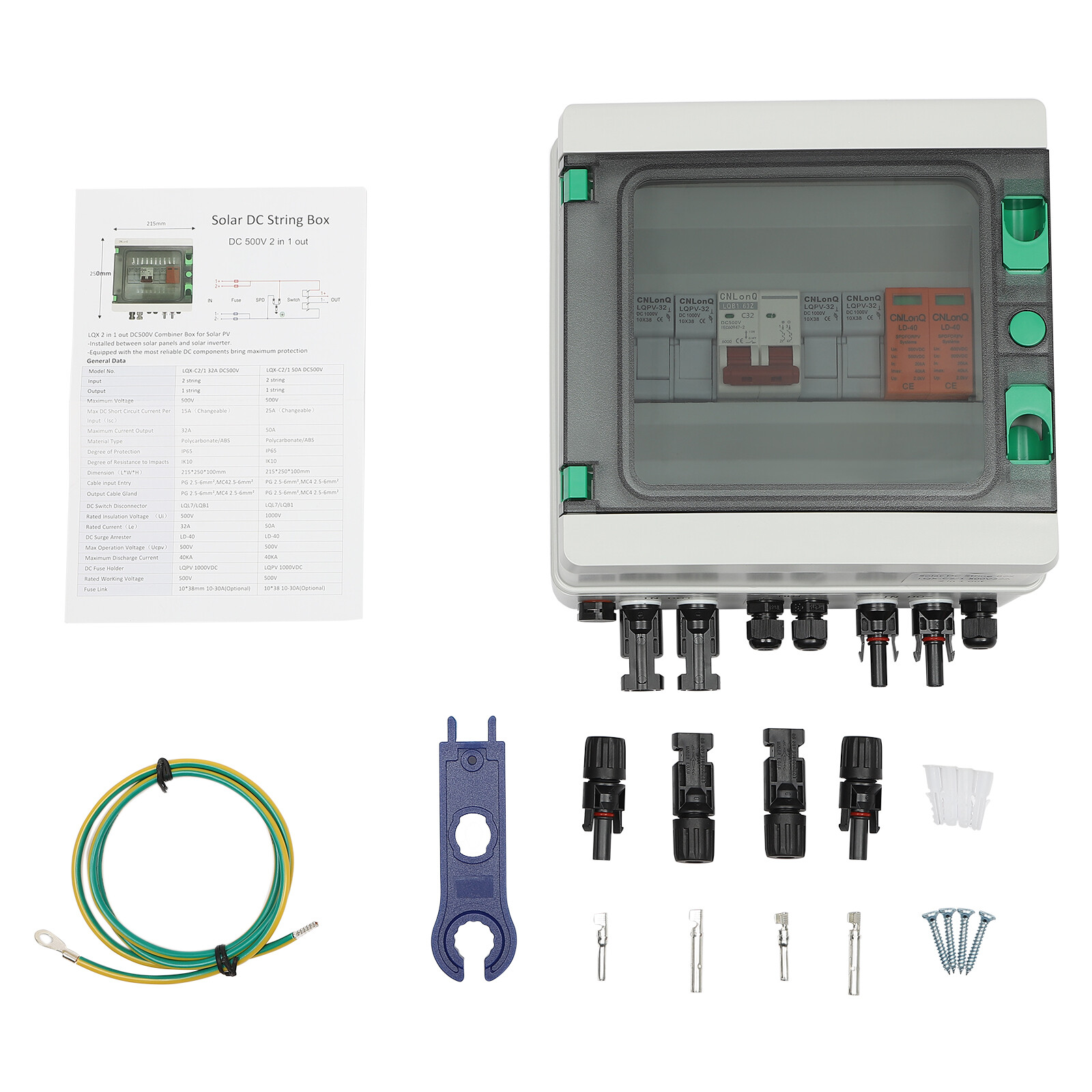 DC 500V / 1000V Solar PV Combiner Box 2 Strings Circuit Breaker For Solar Panel
