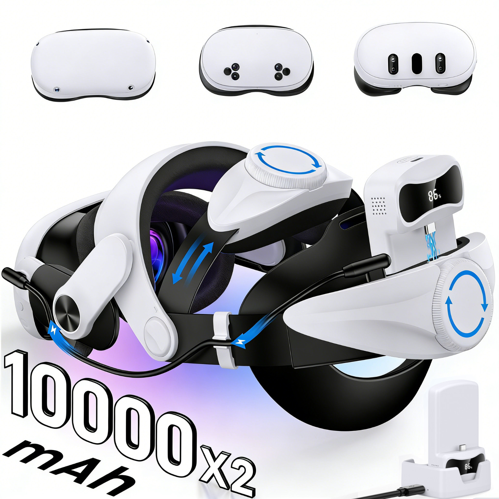 For Meta Quest 3/3s/2 Head Strap,VR Headset Strap+7500mAh Battery+Charging Dock