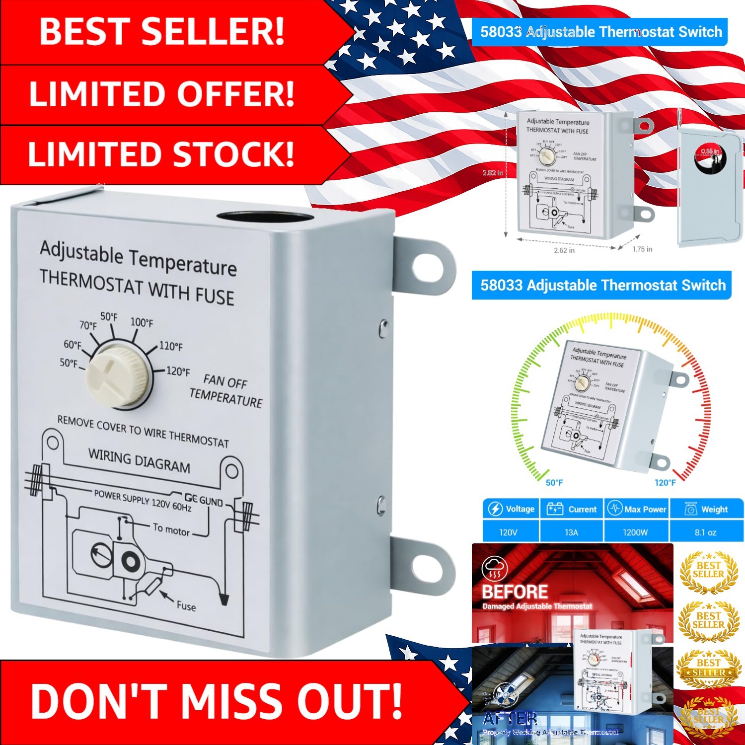 58033 Adjustable Thermostat Switch 50°F–120°F for Lomanco Attic Fans