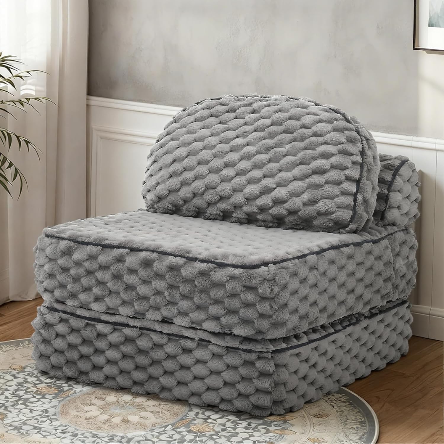 Folding Sofa Bed 3-in-1 Convertible Sleeper Chairs W/ Pillow,Back Support Fuzzy