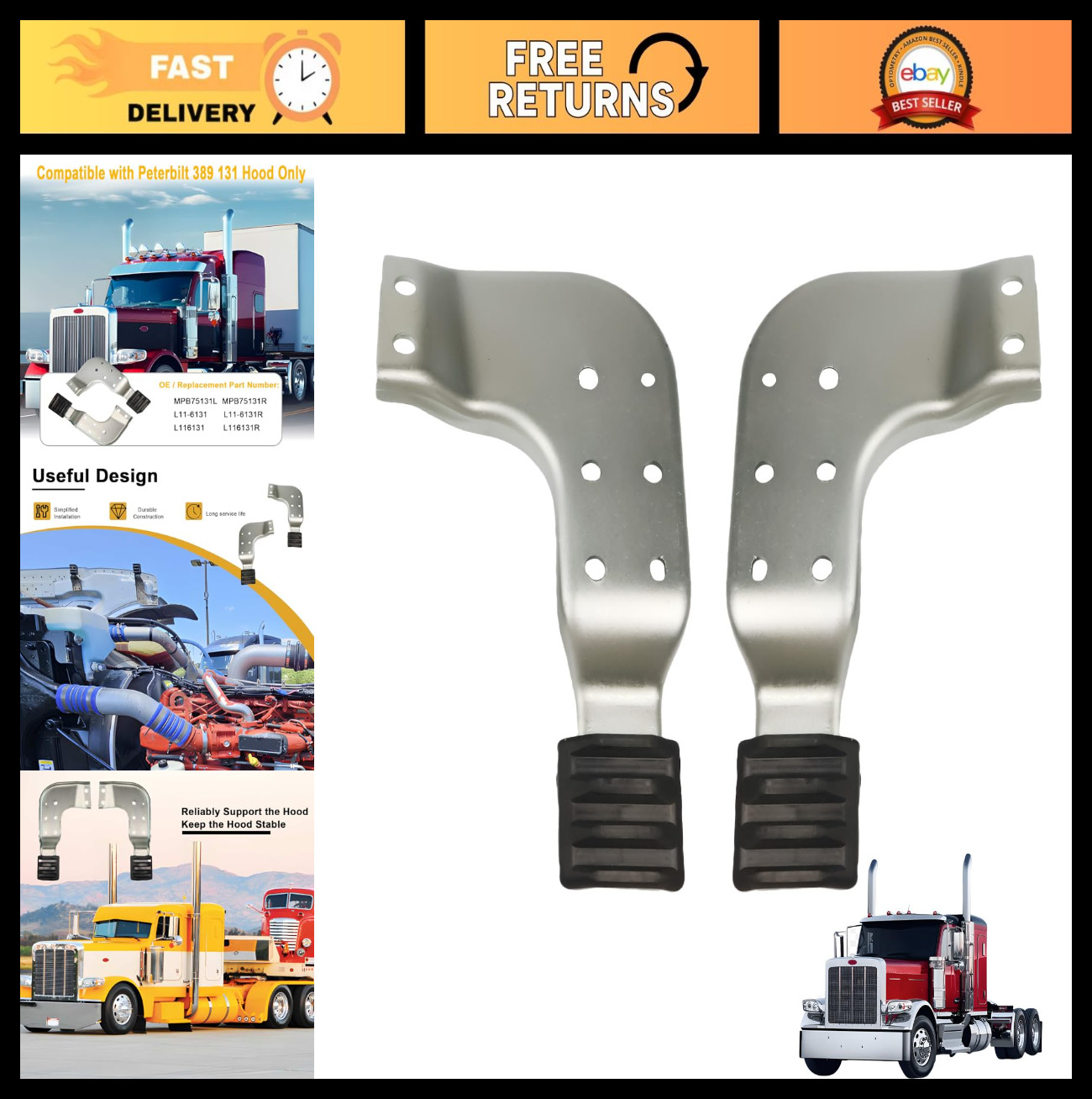 2 Pack Left & Right Hood Brackets for Peterbilt 389 - Replace MPB75131L MPB75131