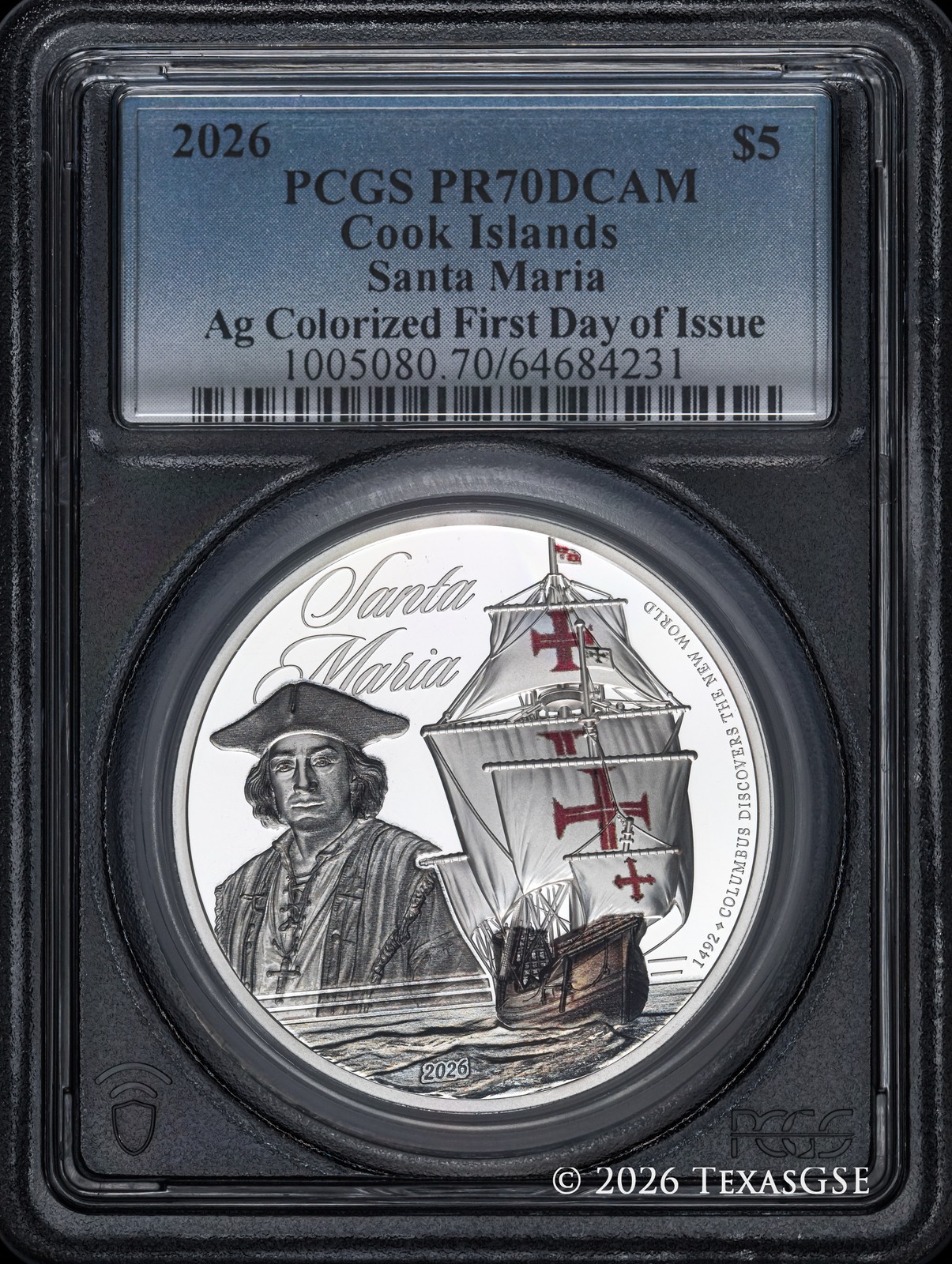 2026 Cook Islands 1oz $5 Silver Legends of the Sea - Santa Maria PCGS PR70 FDI