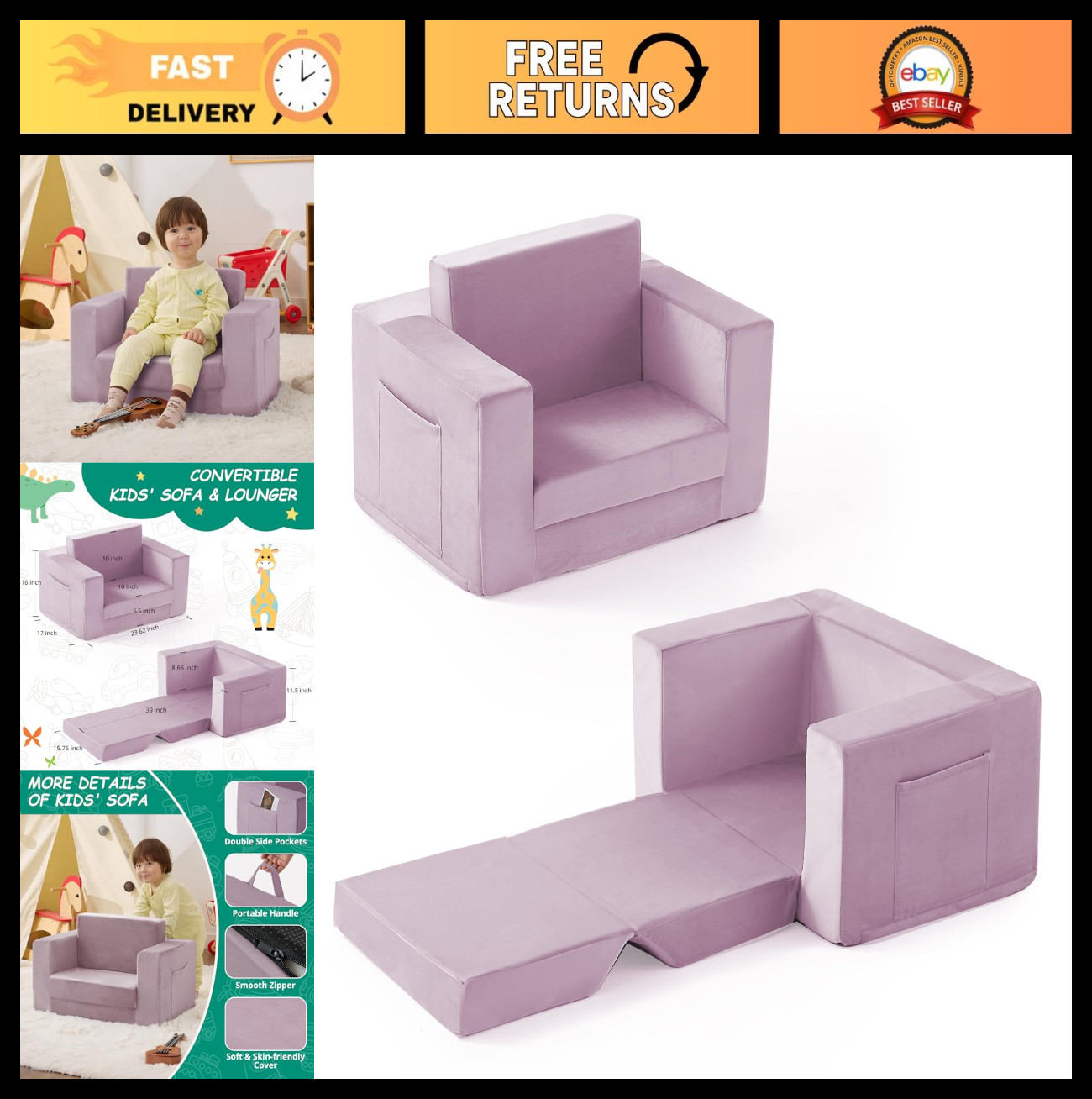 2-in-1 Toddler Couch Chair, Convertible Kids Lounge Chair, Comfy Recliner for Ag