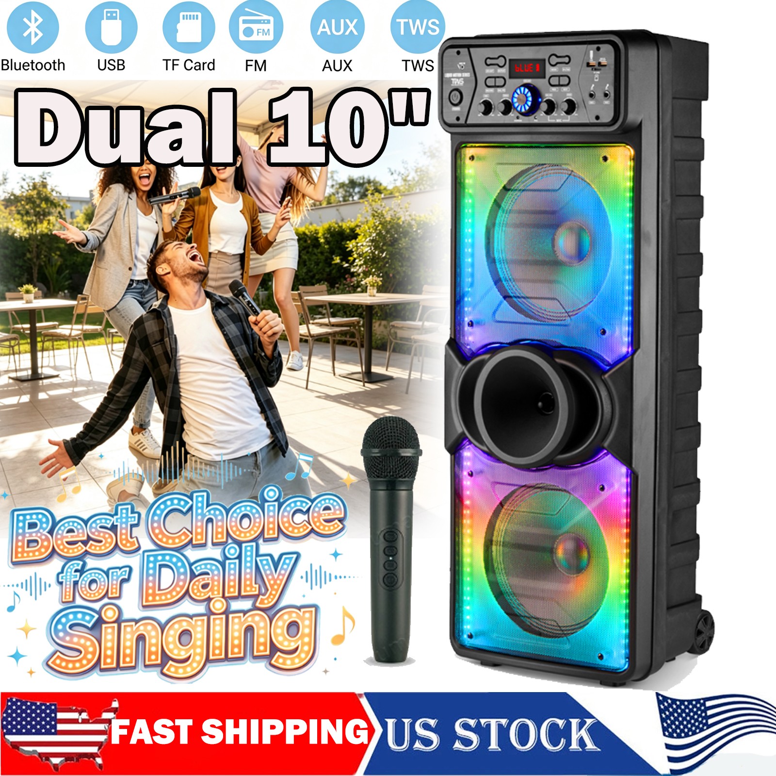 Dual 10" Bluetooth Party Speaker With Mic TWS Portable Sound System for Outdoor