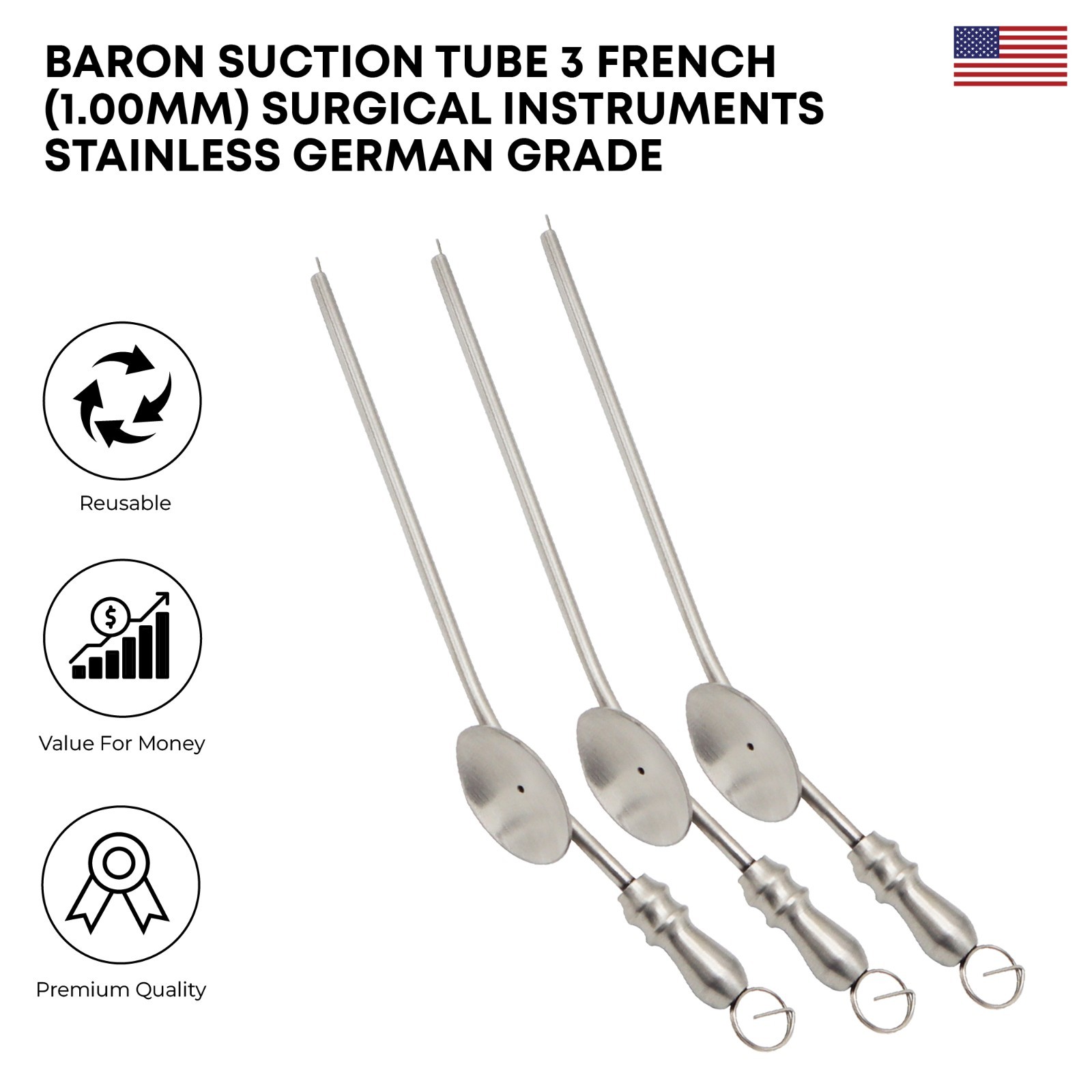 Baron Suction Tube 3 French (1.00mm) Stainless Steel Surgical Instruments