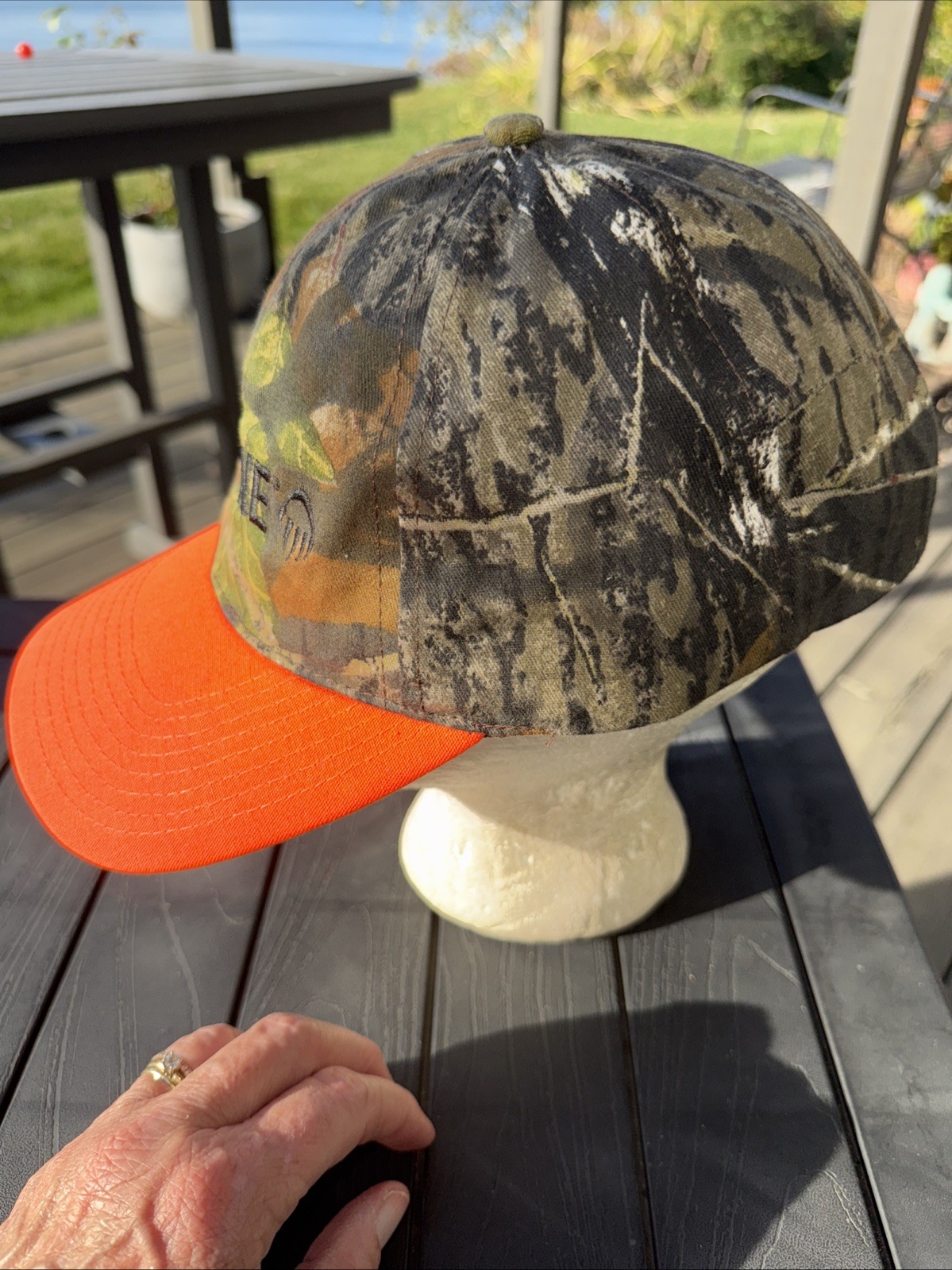 Wolverine in Black on Camouflage Hat Cap w Fluorescent Orange Bill SnapBack