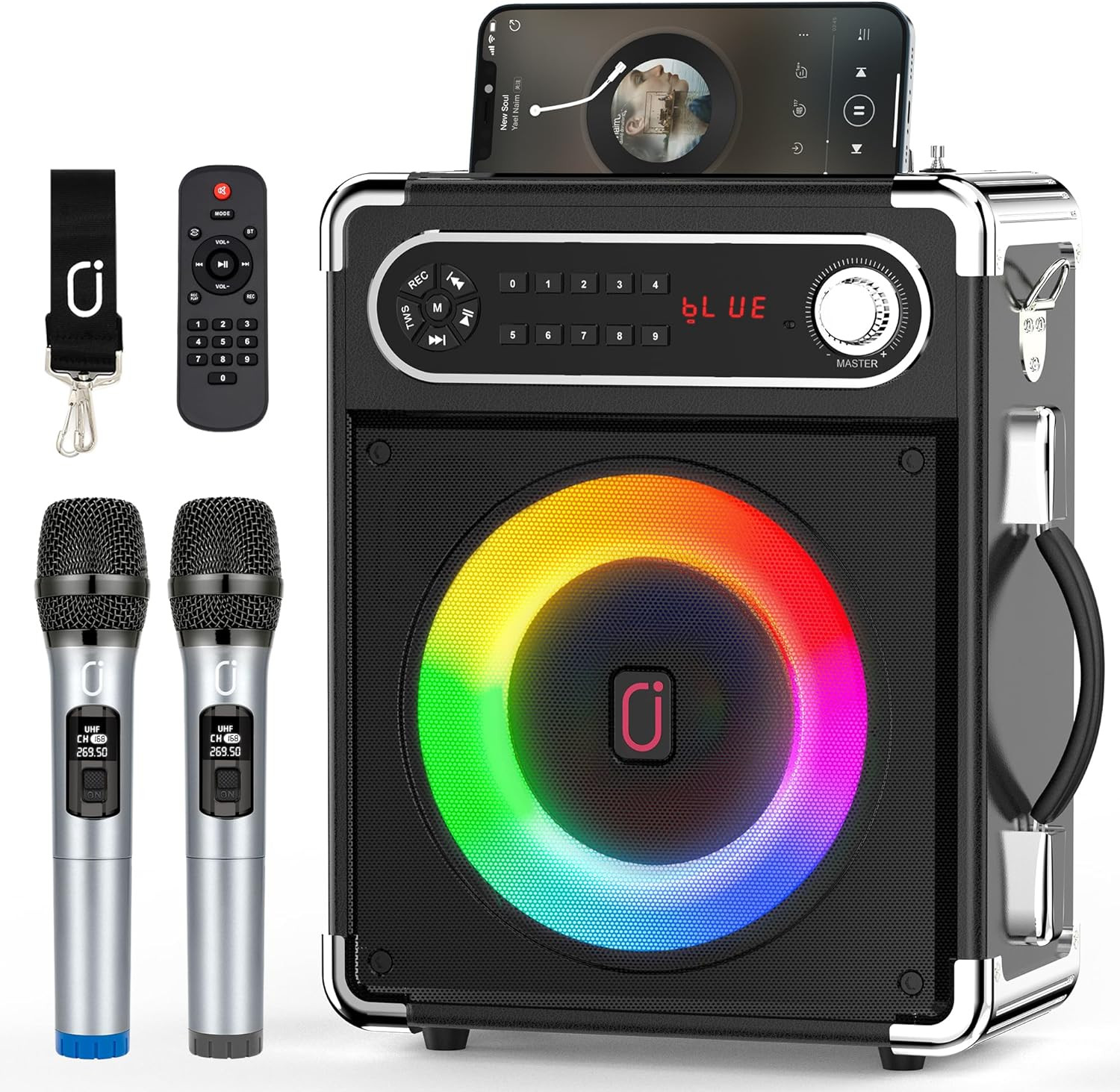 Karaoke Machine with Two Wireless Microphones, Portable Bluetooth Speaker with B