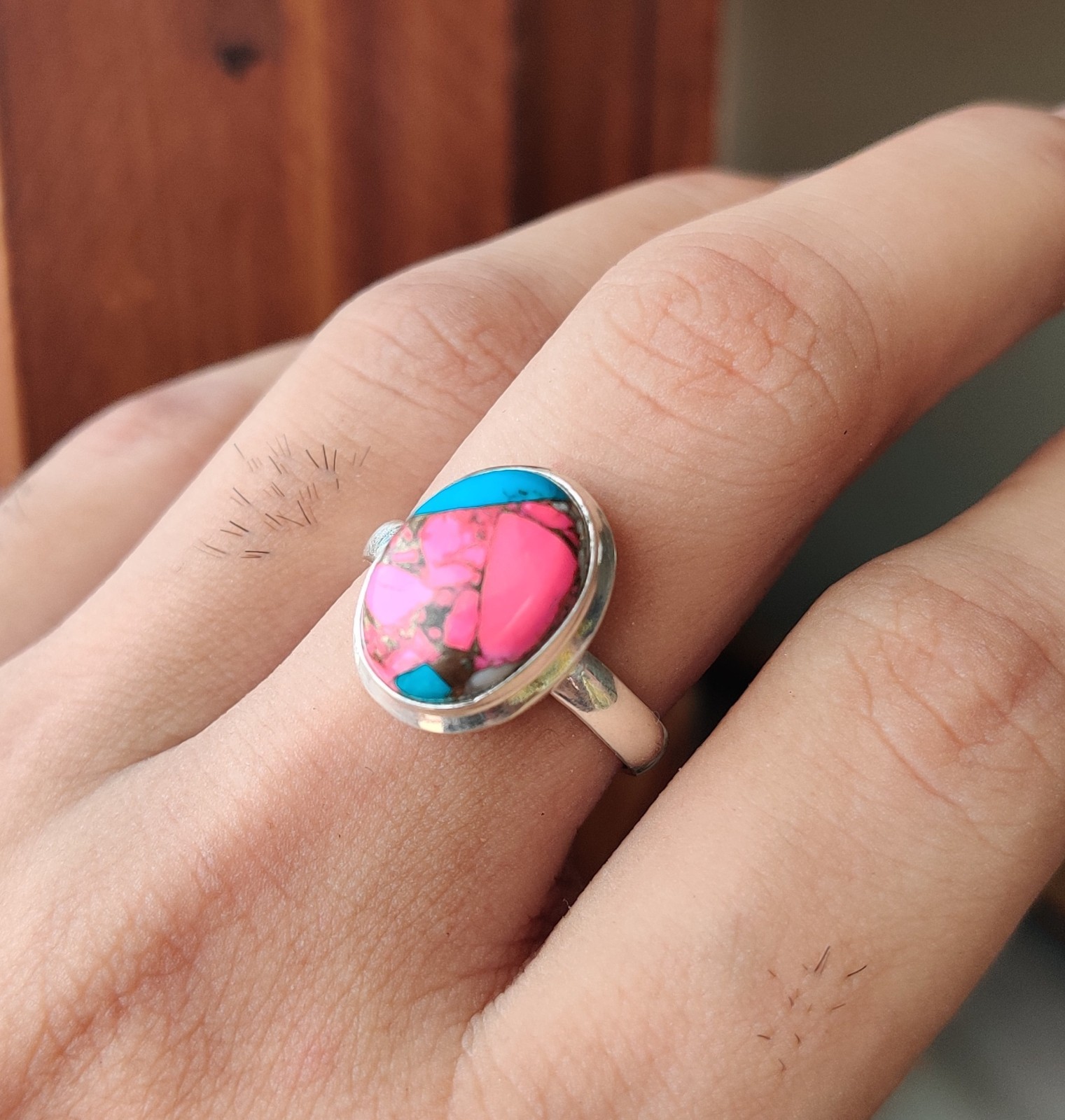 Cotton Candy Pink Turquoise Gemstone Ring 925 Sterling Silver Pretty Ring MK*