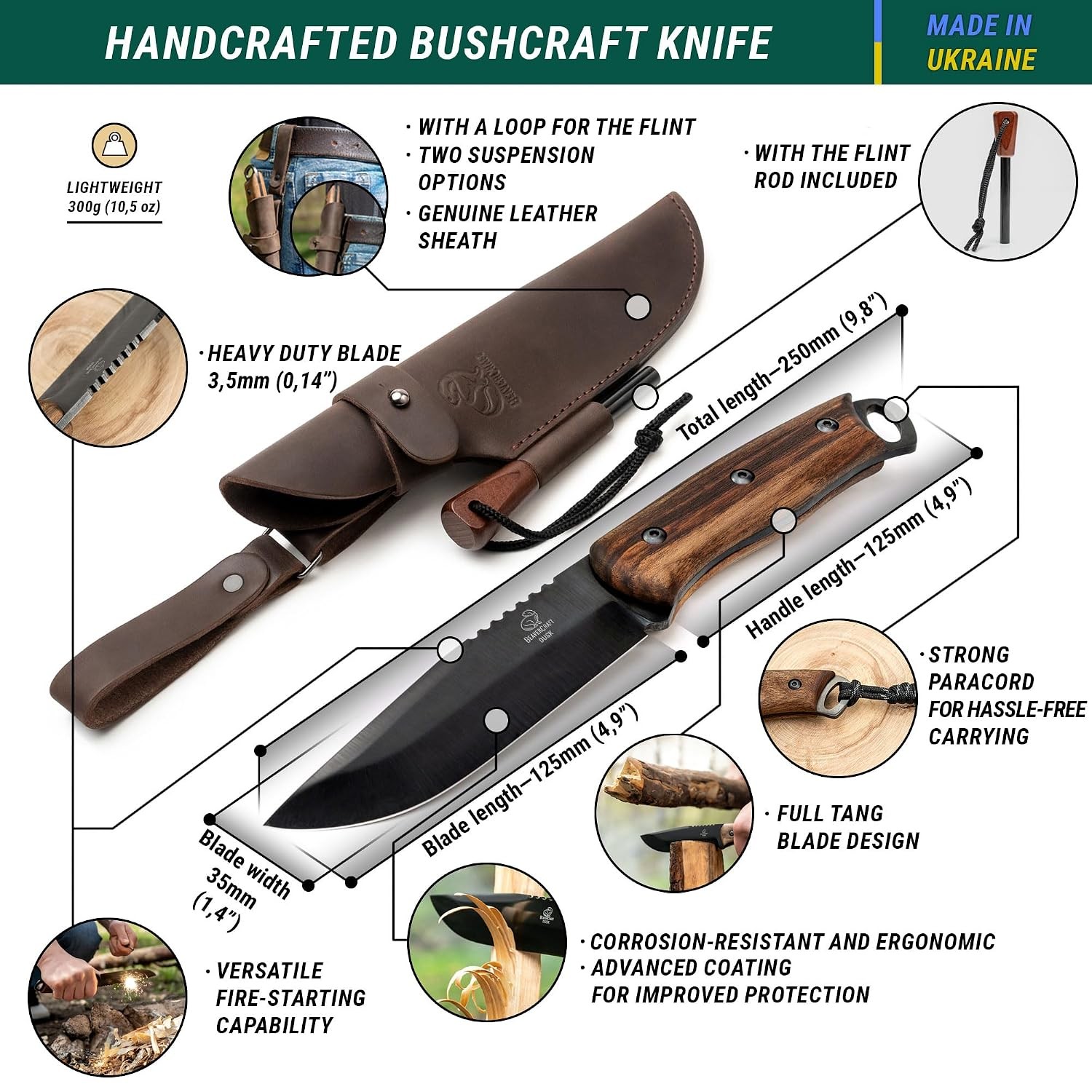 Bushcraft Full Tang Knife 9.8" Leather Sheath Fire Starter Bushcraft Tools