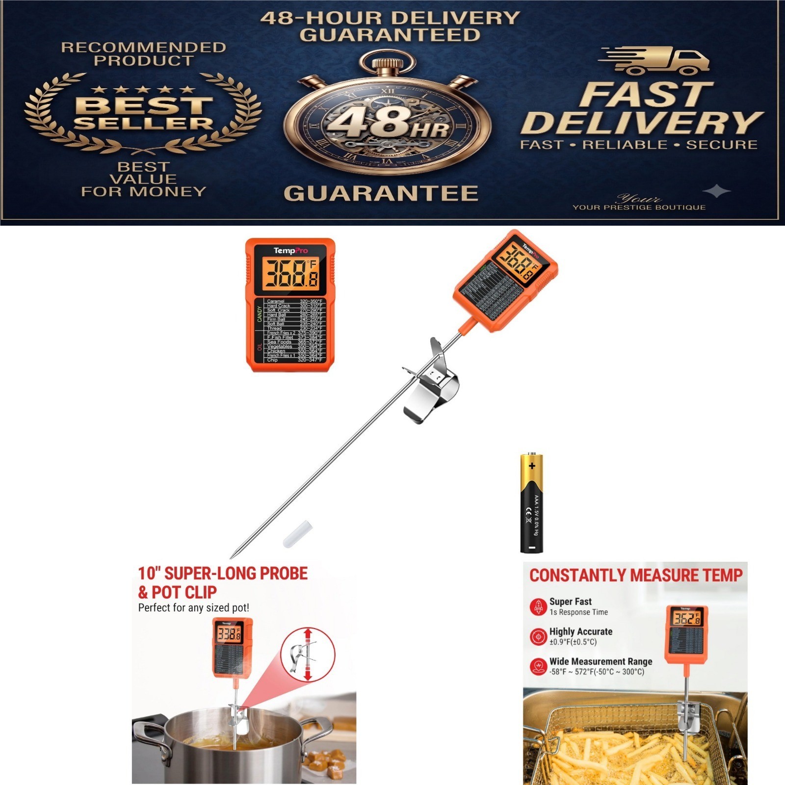 TempPro Digital Candy Thermometer with Pot Clip - Waterproof Instant Read