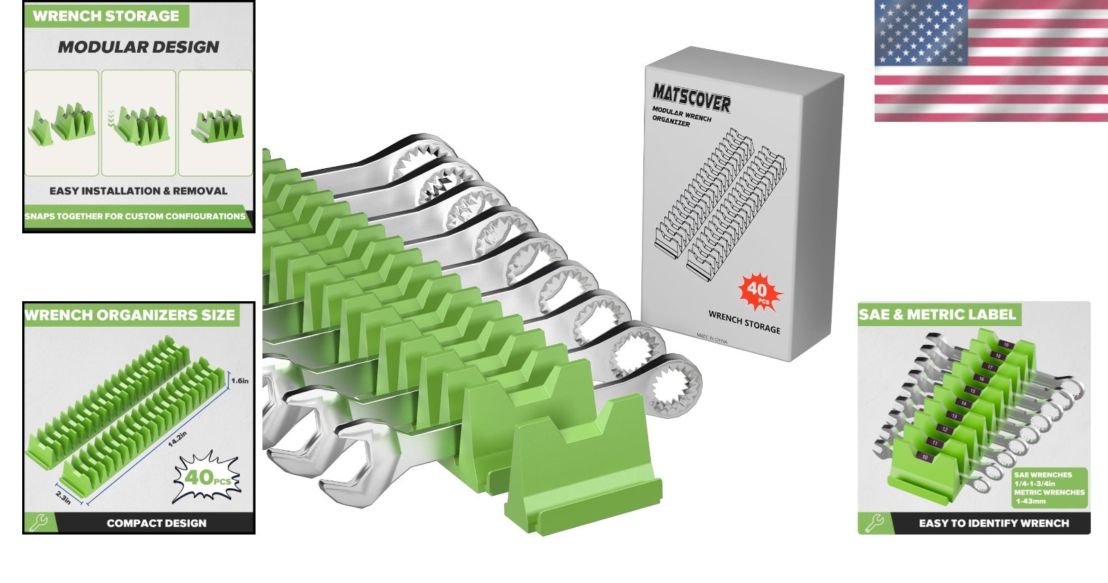 40PCS Modular Wrench Organizer Set - Stylish Green Tool Storage Solution