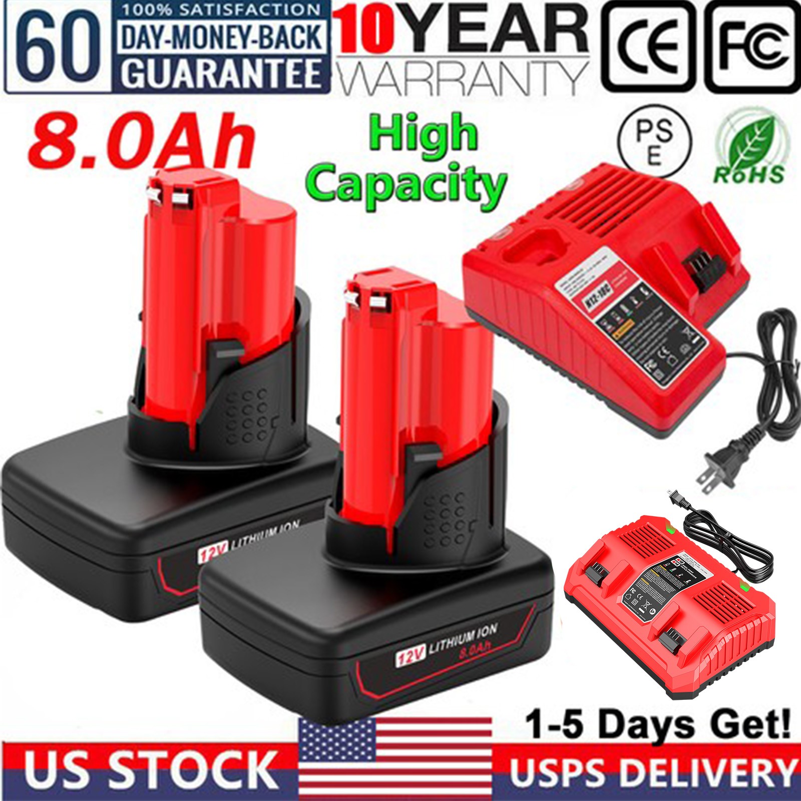 8.0Ah Battery For Milwaukee for M12 12V Extended Capacity 48-11-2460 & Battery