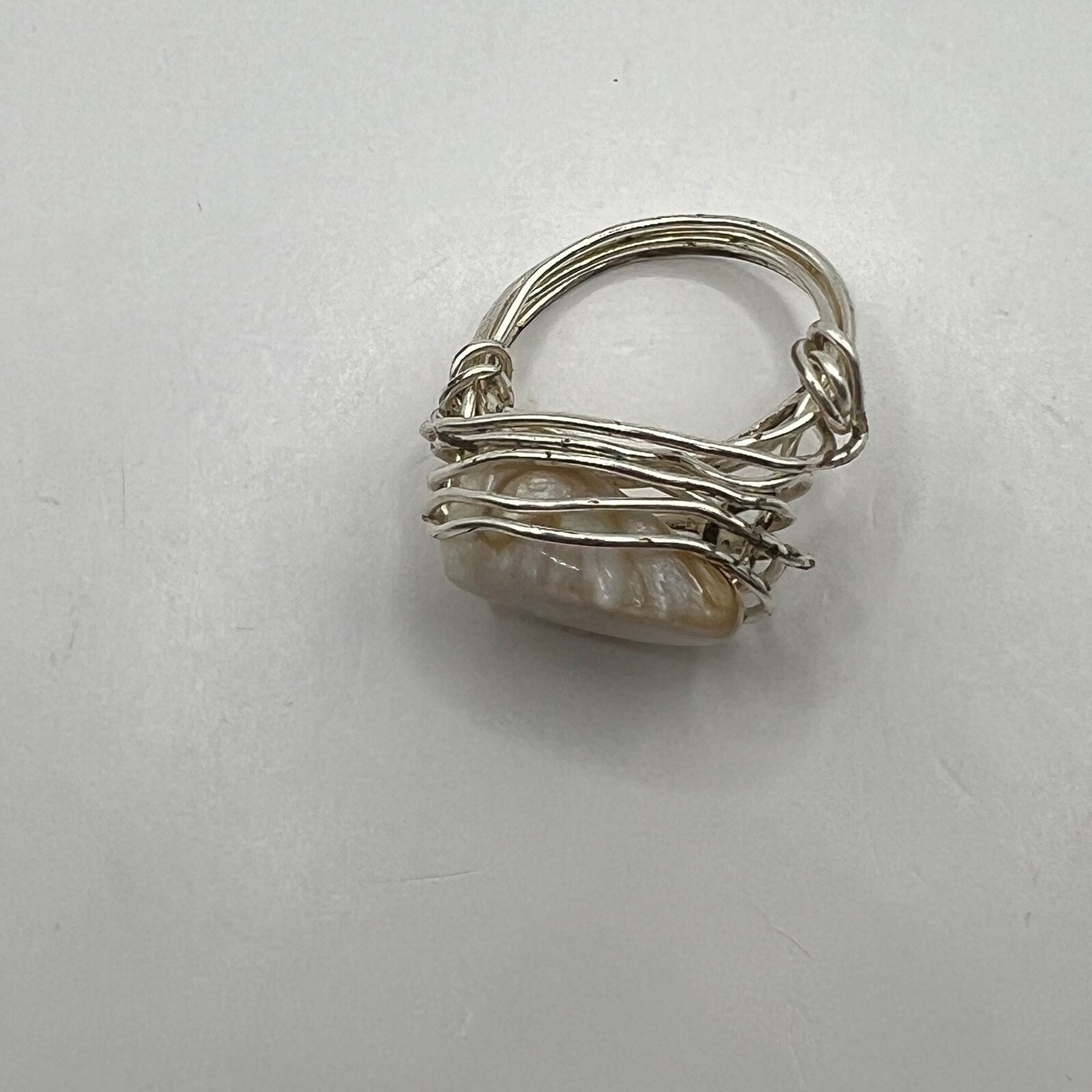 Artisan Silver Tone Wrap Ring White Stone Hand Made Size 6