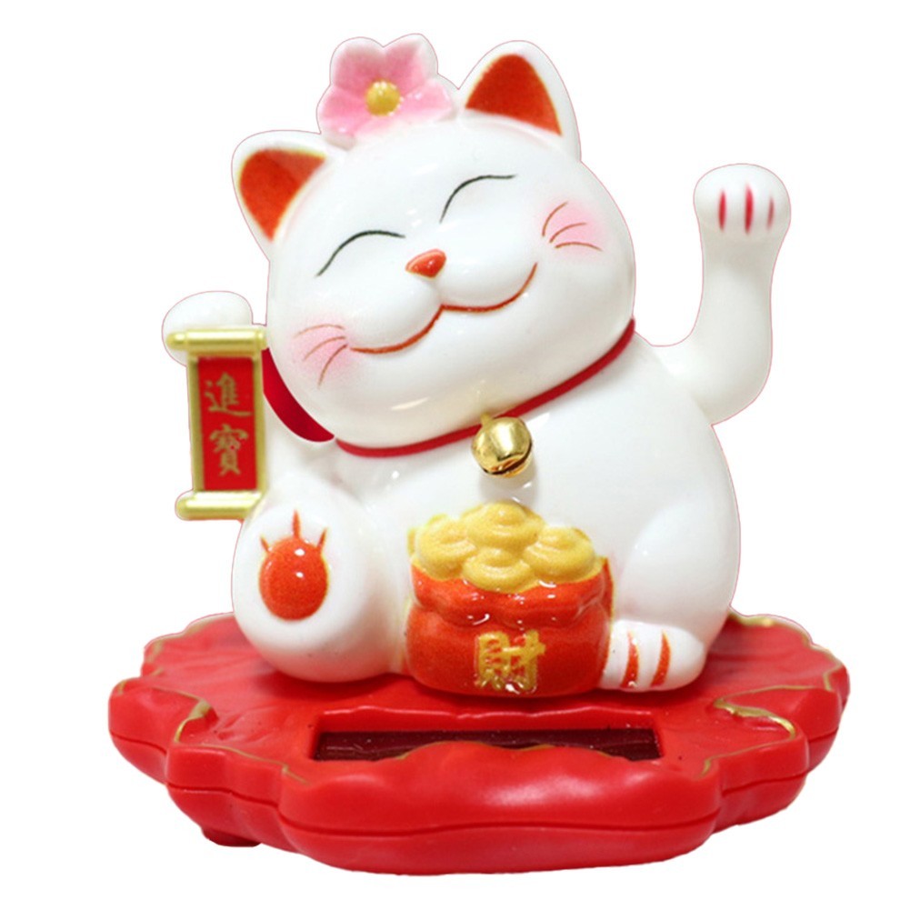 Solar Lucky Cat Ornament Light Sensing Waving Hand to Enhance Feng Shui Energy