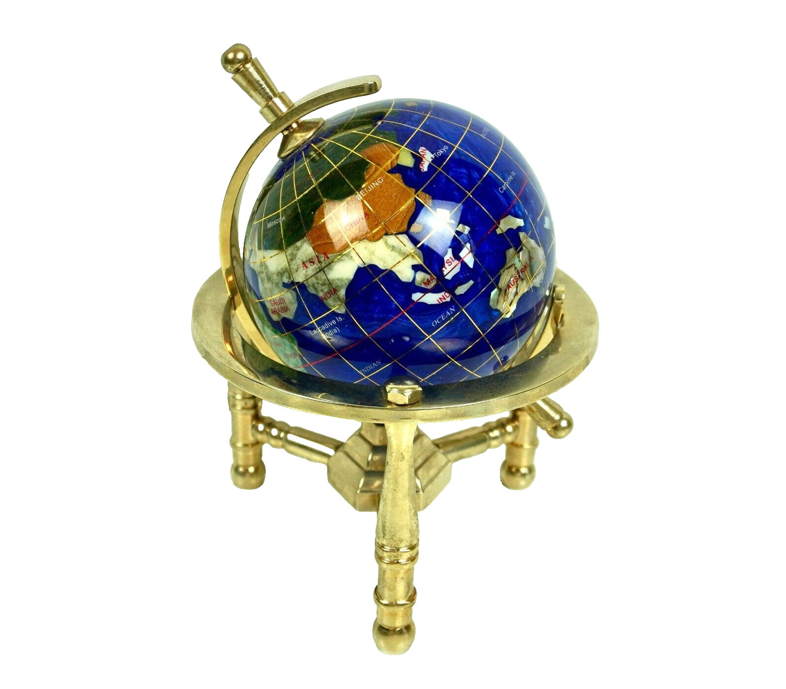Kalifano Gemstone Globe Gold Tone Lapis Ocean GNT80AS-CB 3" Office Dr MCM VTG