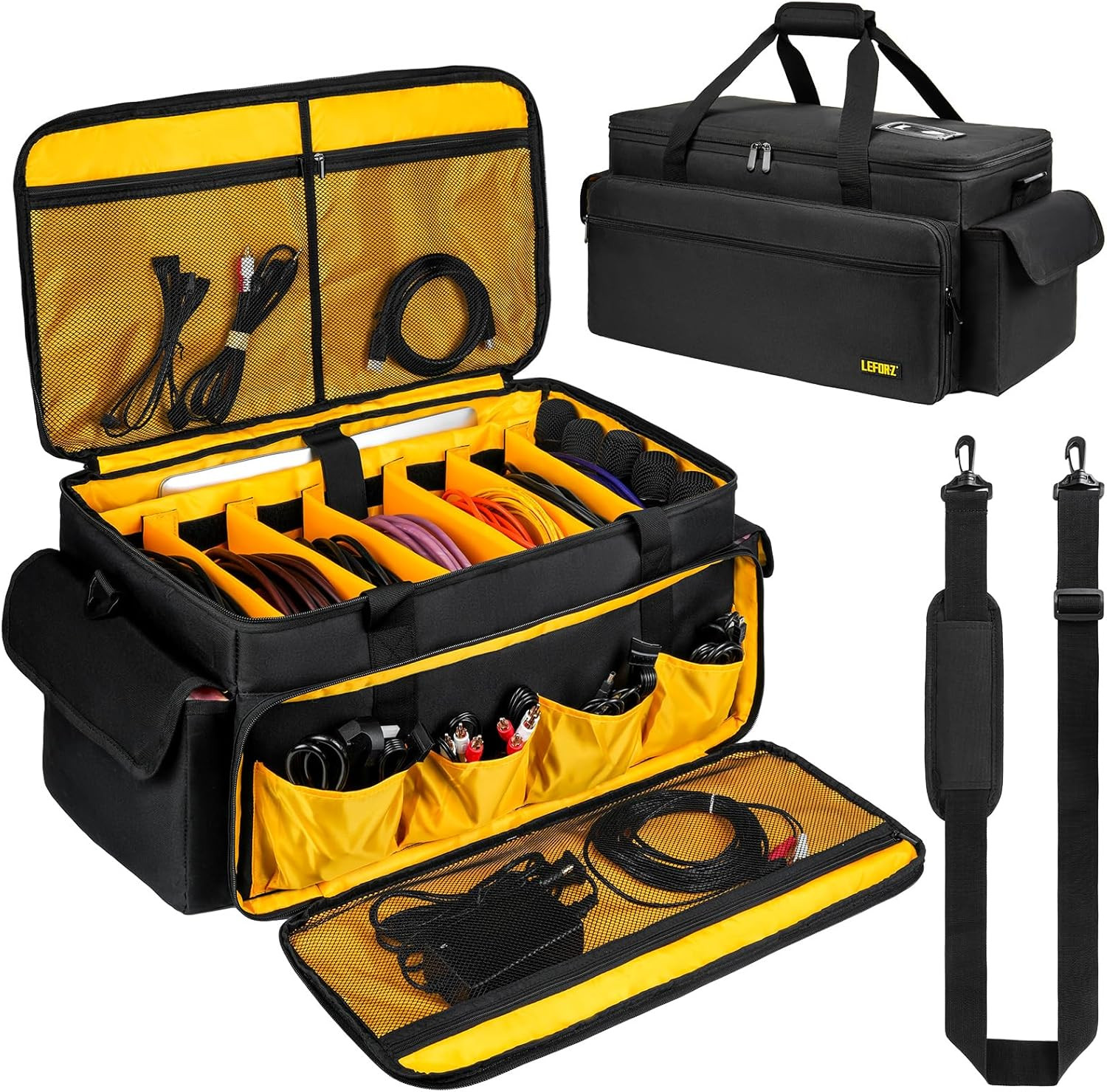 Large DJ Equipment Bag with 6 Detachable Dividers,Dj Cable File Bag with Laptop