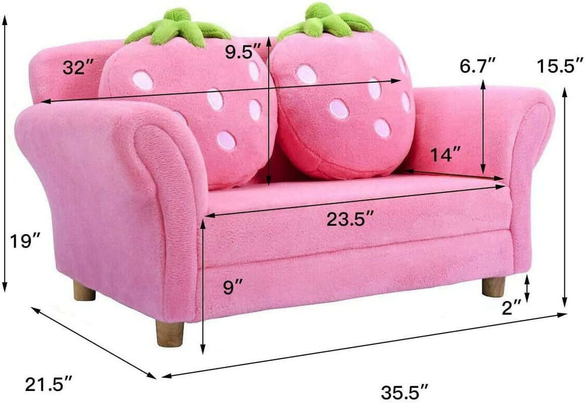 Kids Sofa, Children Upholstered Loveseat Lounge Bed W/ 2 Cute Strawberry Pillows