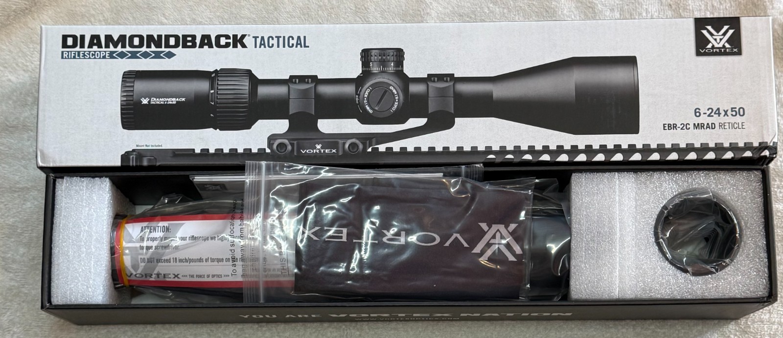 VORTEX DIAMONDBACK 6-24X50 SCOPE W/ SUNSHADE MODEL #EBR-2C (MRAD)
