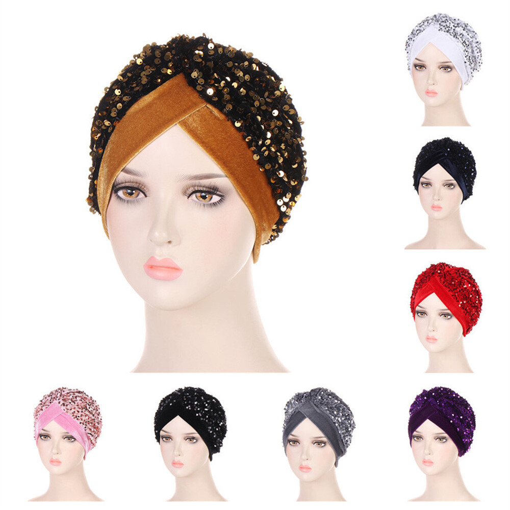 Women Sequins Hijab Hats Muslim Velvet Turban Hair Loss Cap Beanie Wrap Headwear