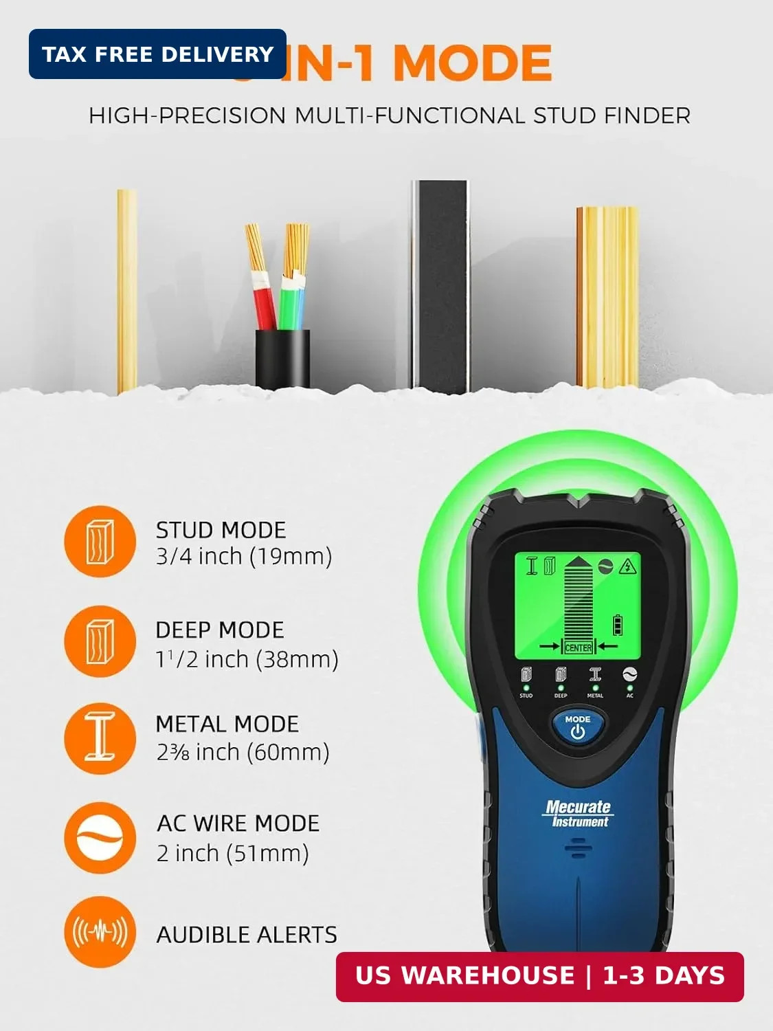 5-in-1 Stud Finder with LCD Display, Wall Scanner for Studs, Metal, AC