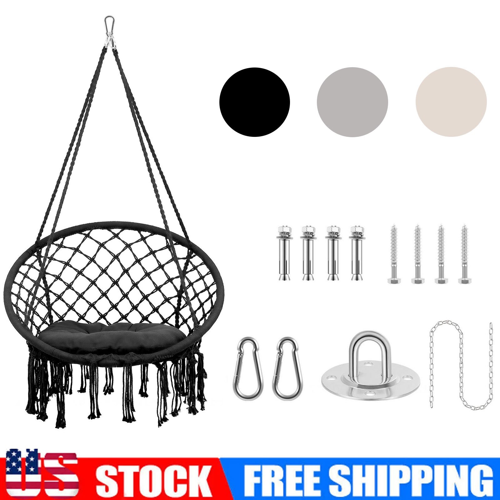 Macrame Chair Hanging Chair 400LB Handmade Knitted Swing Chair Black/Gray/Beige