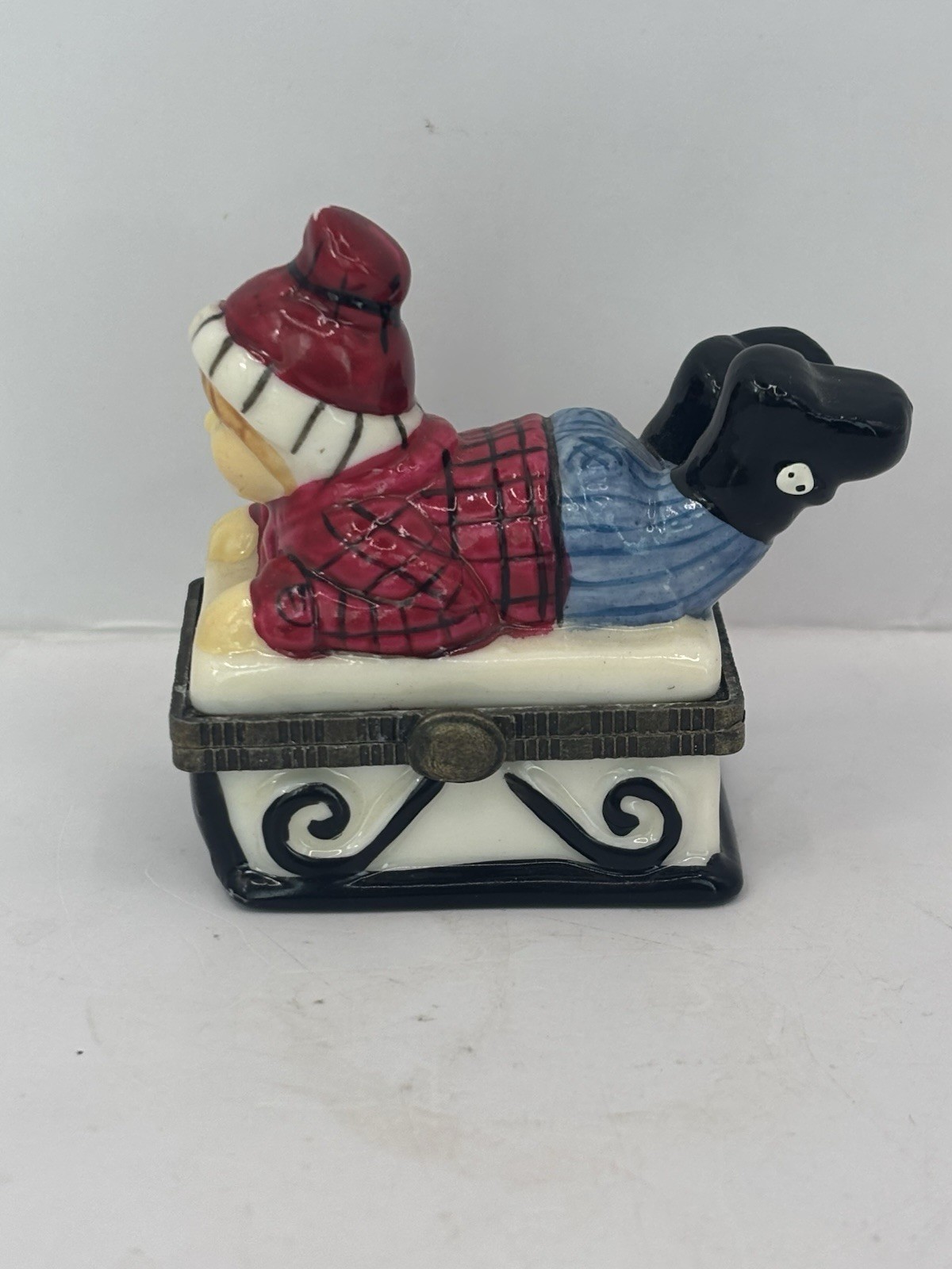 Ceramic Boy On Sled Hinged Trinket Box 2.5”
