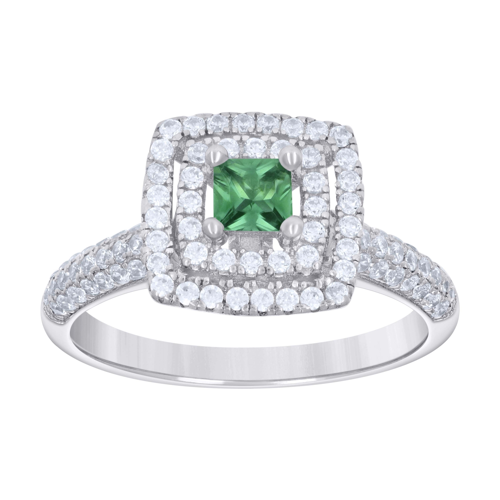 Sterling Silver Green Princess CZ Women's Square Birthstone Ring | Sizes 6 to 9