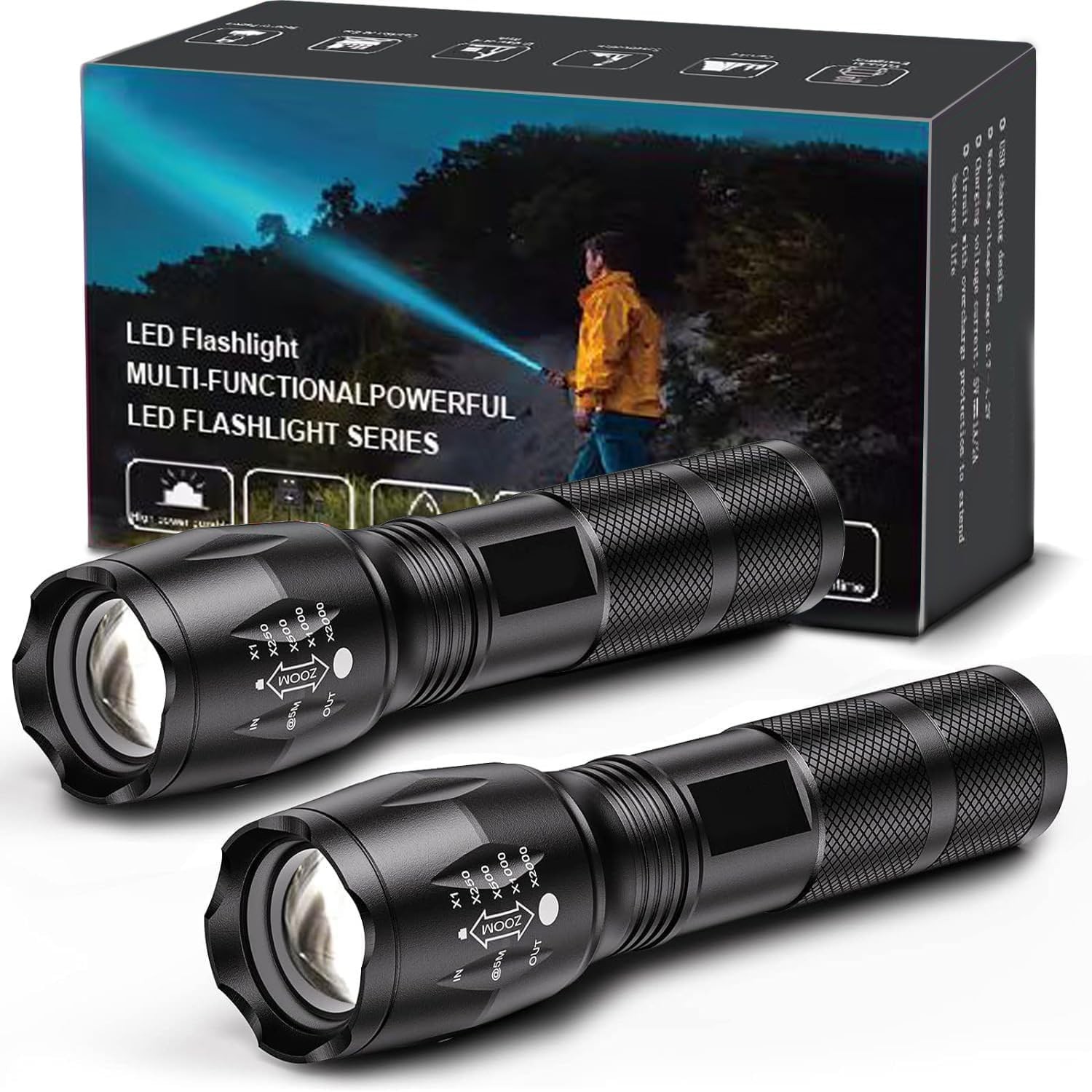 Military Grade Flashlight, 5 Modes 3000 High Lumens Led Waterproof, 2 Pack