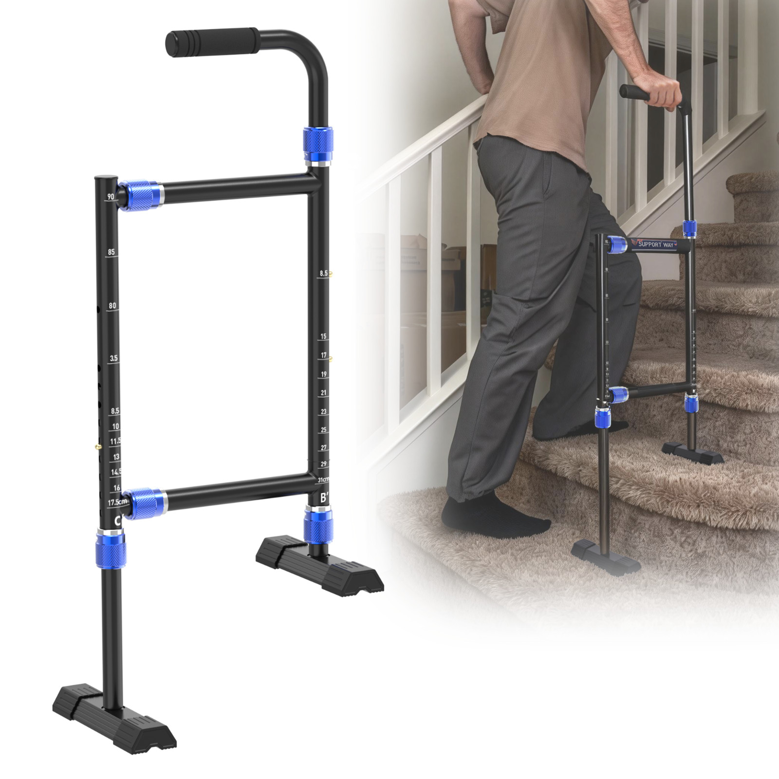 Stair Assist Cane & Step Cane for Seniors, Adjustable Height & Width | Anti-slip