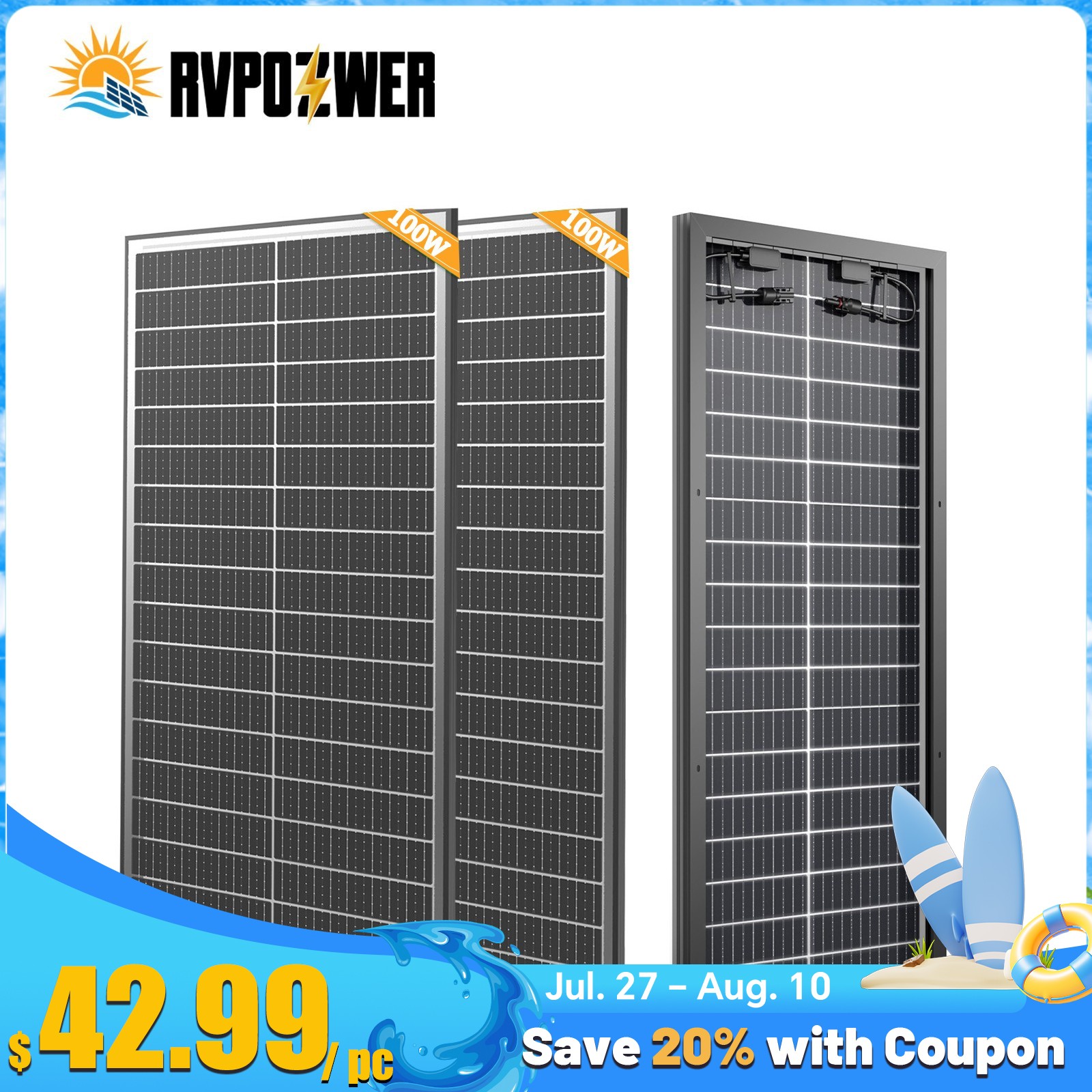 2Pack 100W Bifacial 200W Solar Panel Mono 12V 18BB N-Type PV Home RV Off Grid US