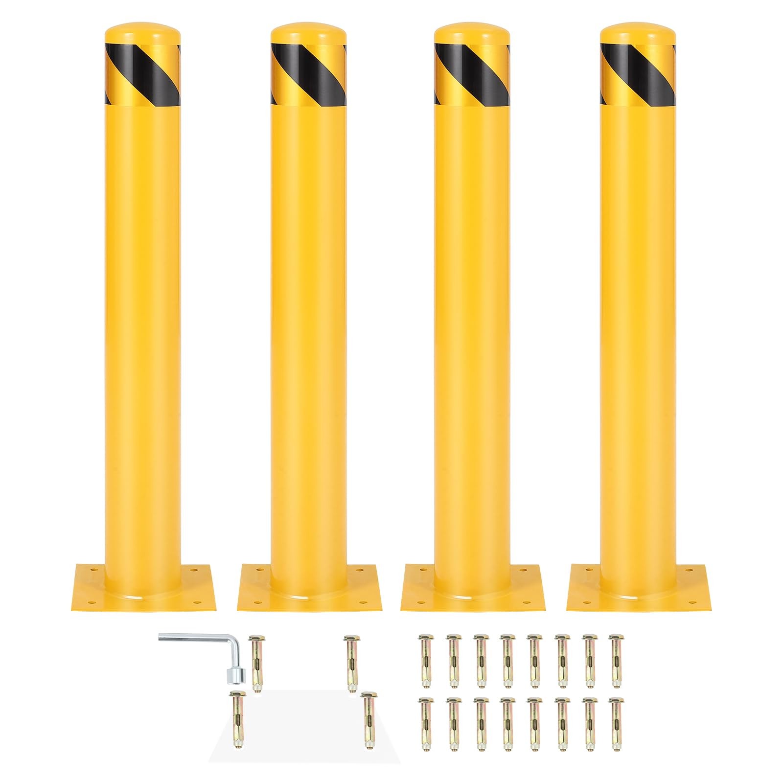 4 Pack 48in Safety Bollard Post Steel Yellow/Black Reflective w/Bolts Base Plate
