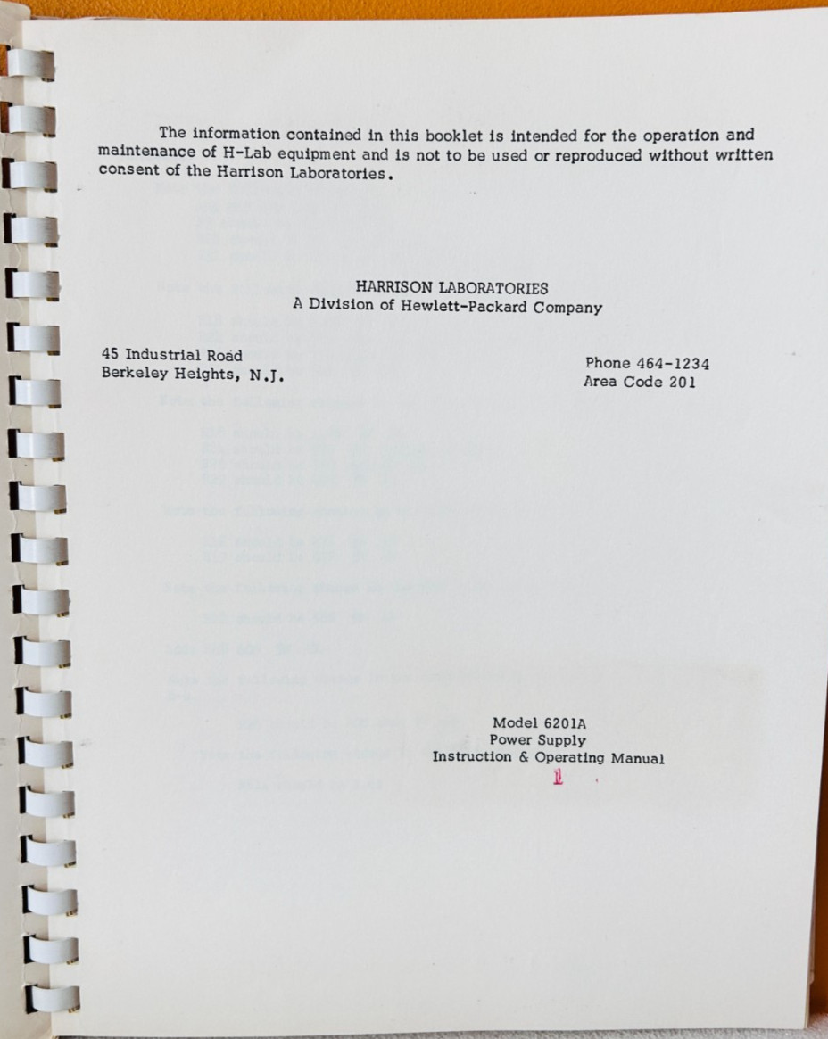 HP Model 6201A Regulated Power Supply Instruction & Operating Manual.