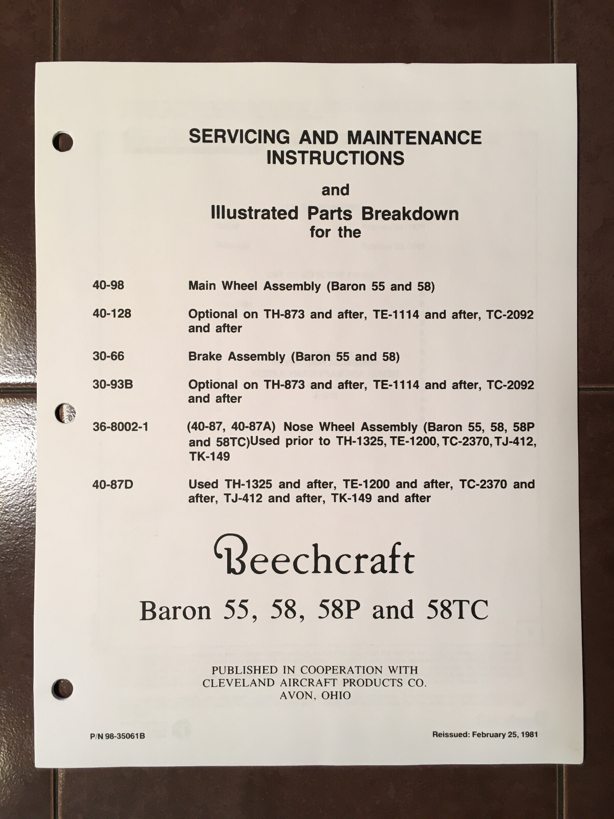 Beech Main Wheel, Brake, Nose Wheel used on Baron55, 58, 58P & 58TC Manual