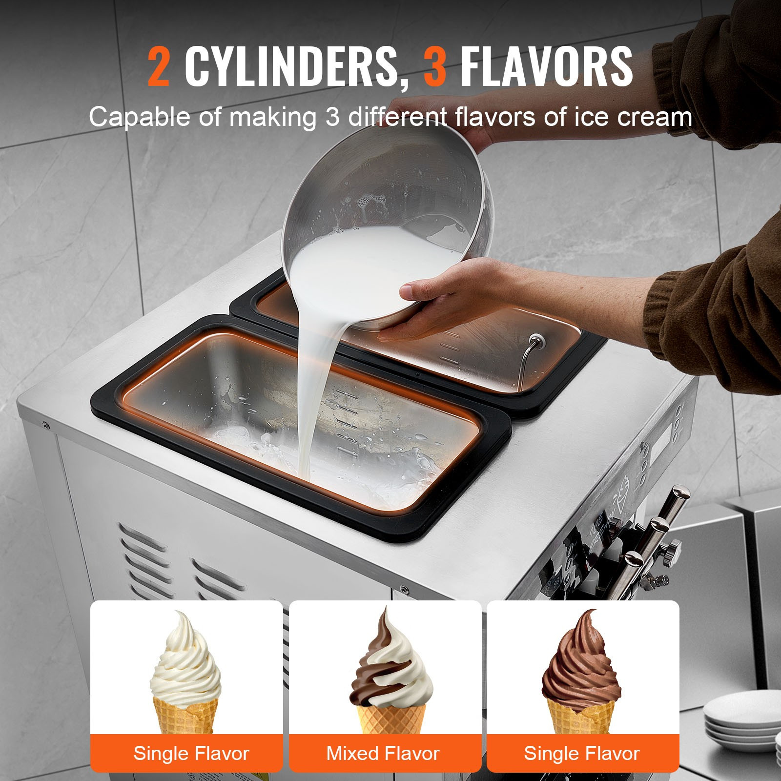 Uimoso Commercial Soft Serve Ice Cream Machine 34-44L/H Yield 3-Flavor LED Panel