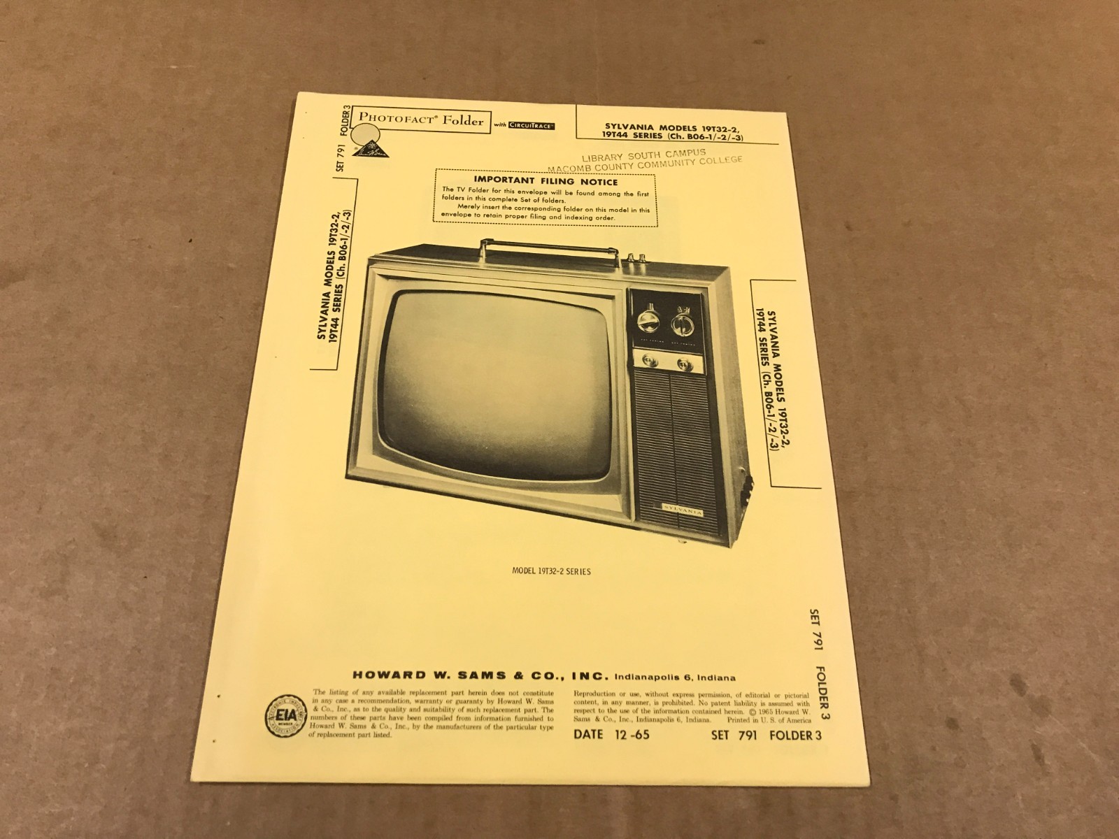 Vintage Photofact Folder - 791-3 - Sylvania TV Models 19T32-2/19T44