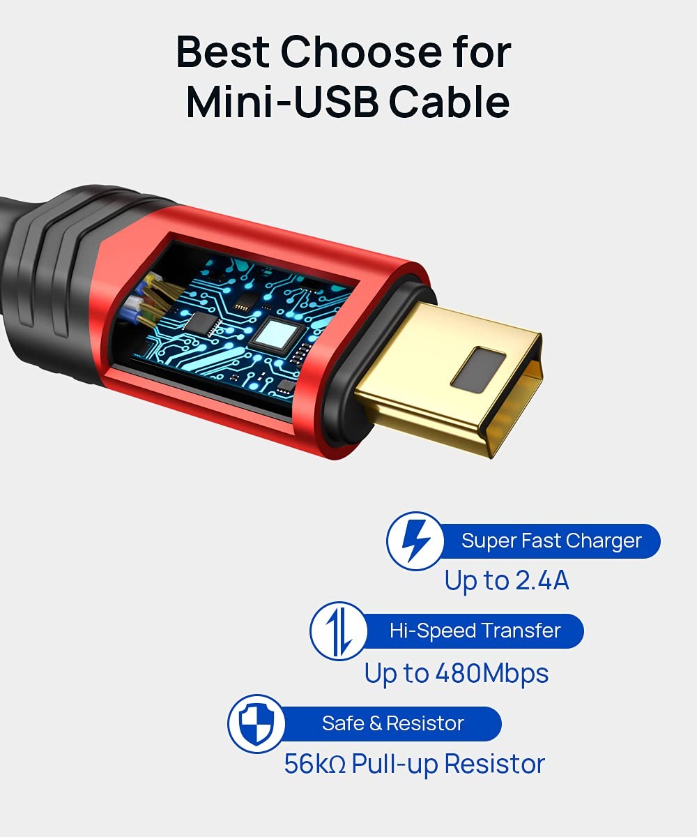 JSAUX Mini USB Cable[2-Pack 3.3ft+6.6ft], 2.0 Type A 3.3 ft + 6.6 ft, Red