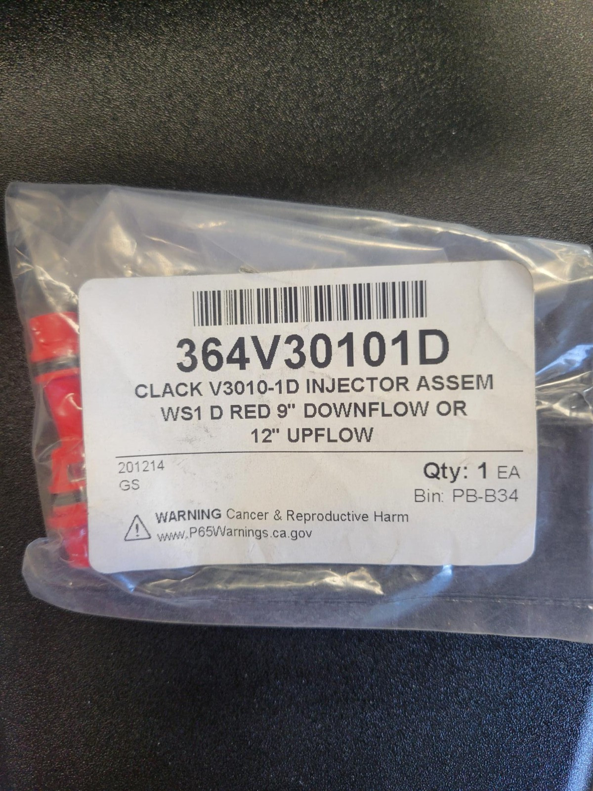 Clack Injector - V3010 1D- Red - Includes Injector Cap O-Ring Seal- BRAND NEW!