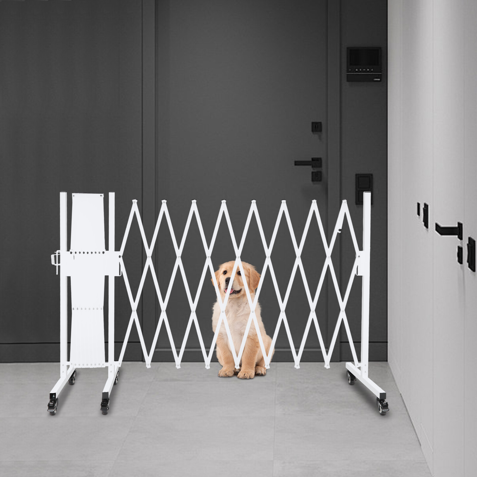 Mobile Expandable Folding Gate White Diamond 540×45×102cm Lockable Wheels