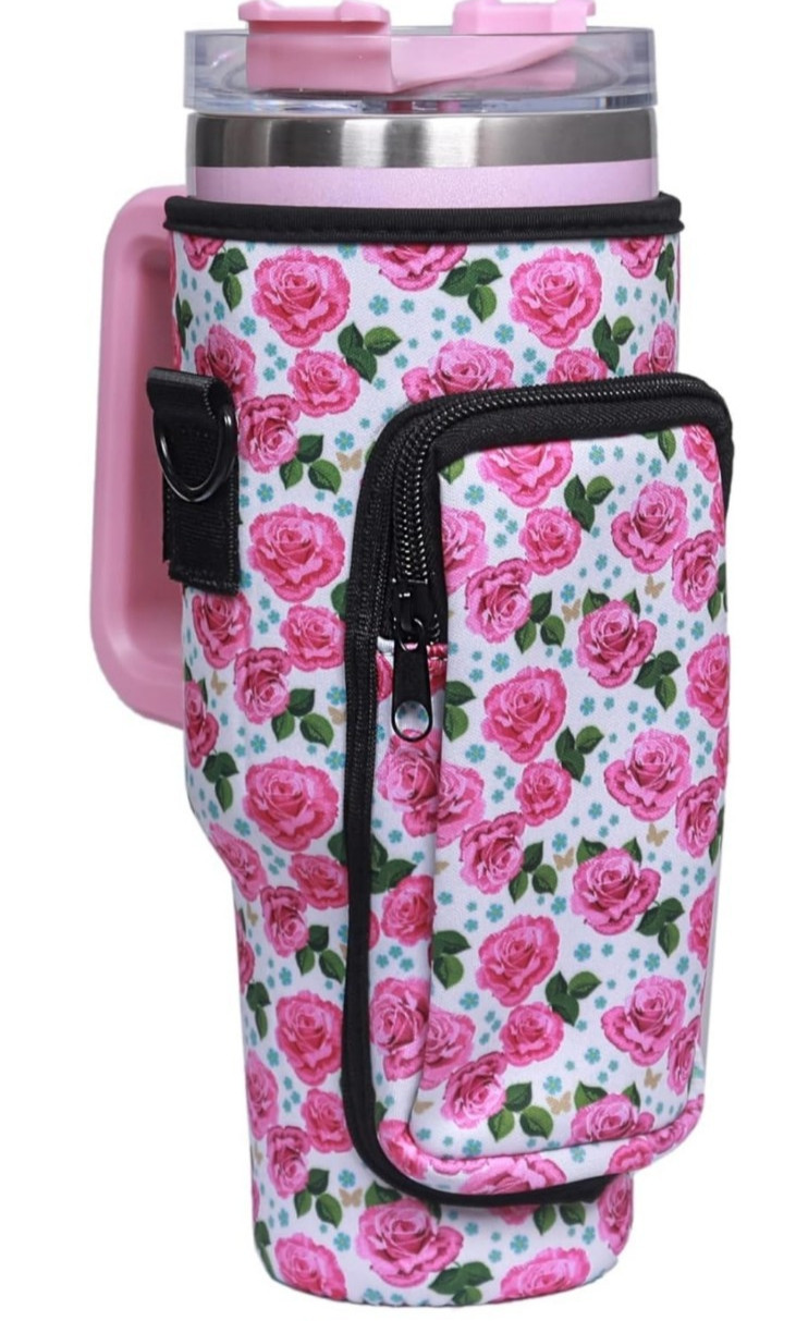 NEW BUTSYCOL 40oz Tumbler Pouch Sleeve W/Shoulder Strap Zipper Pocket Rose
