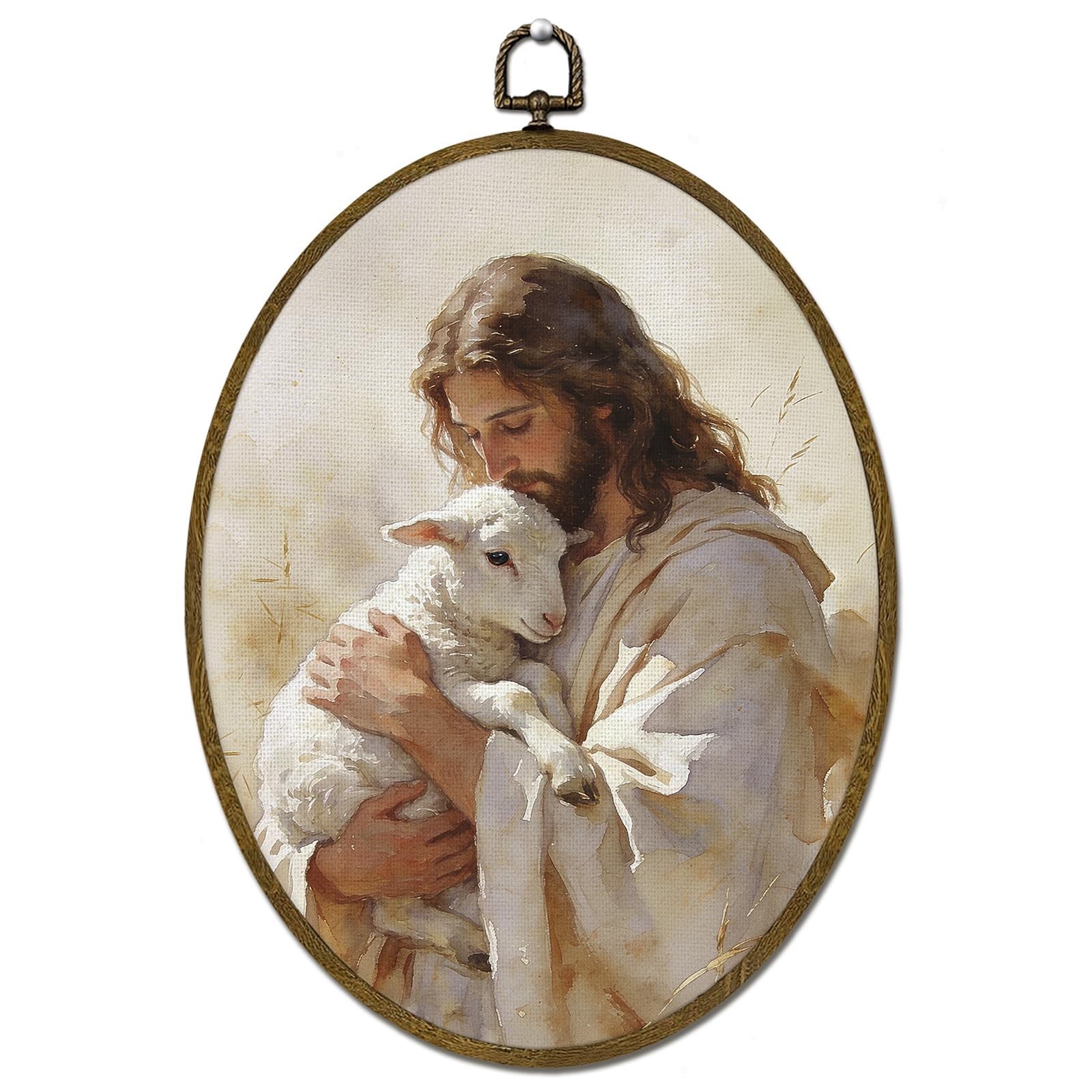 LLOKARNORA Easter Jesus and Lamb Oval Canvas Wall 11.3"L x 8.7"W, jesus lamb