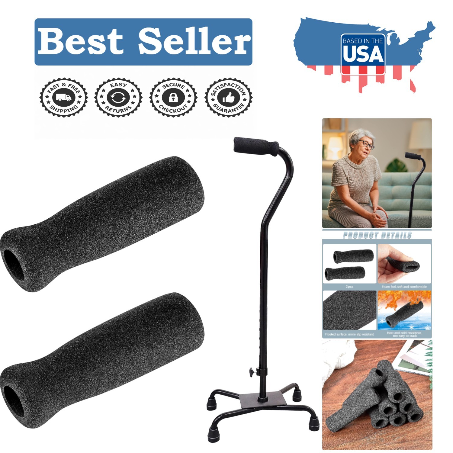 Shock Absorbing Black Foam Cane Handles - 2 Pack, Perfect for Bikes & Canes