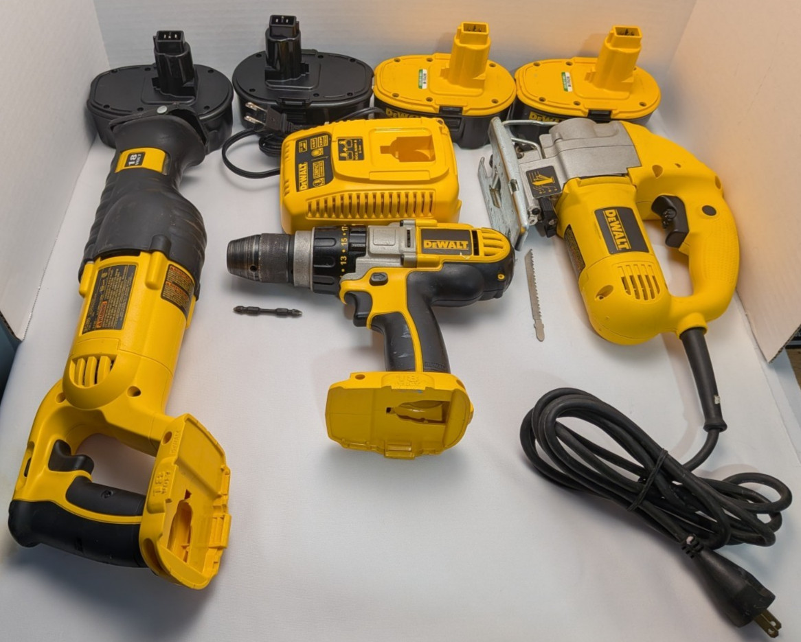 Lot 3 Dewalt Battery Powered Tools DCD950 DW317 DC385 DW919 4 Batteries Charger