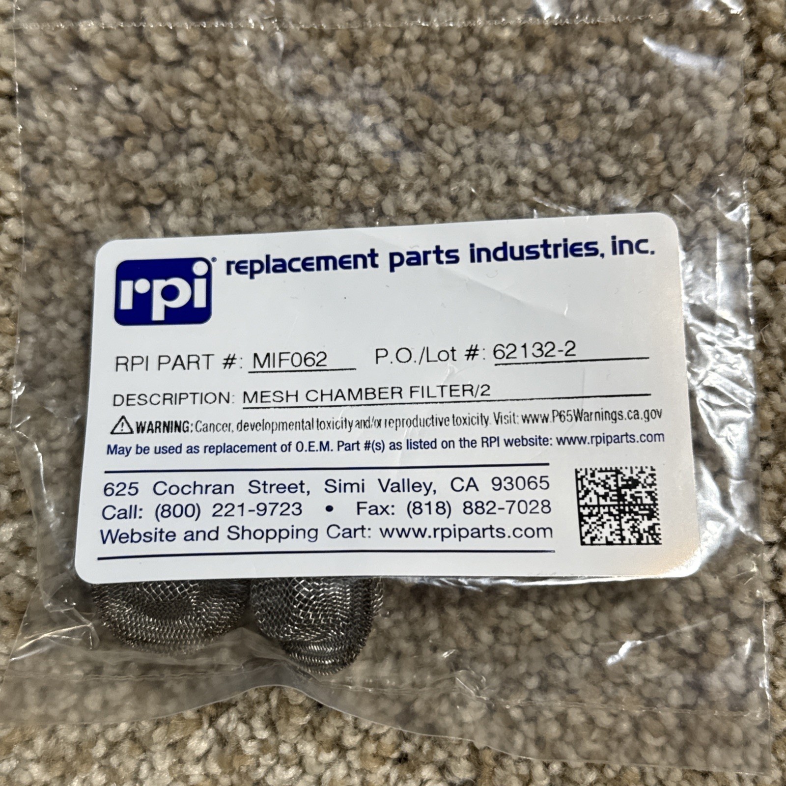 Rpı MIF062 - Fill/Vent Mesh Chamber Filter  for Midmark-Ritter 2 Pcs